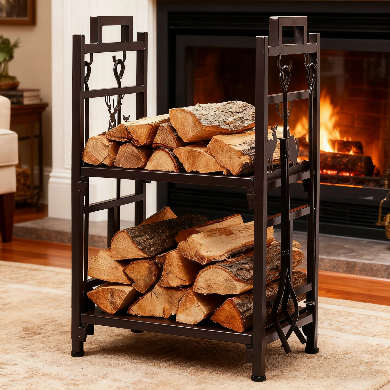 Double Layer Firewood Holder With Animal Pattern And Tools, Brown view 8
