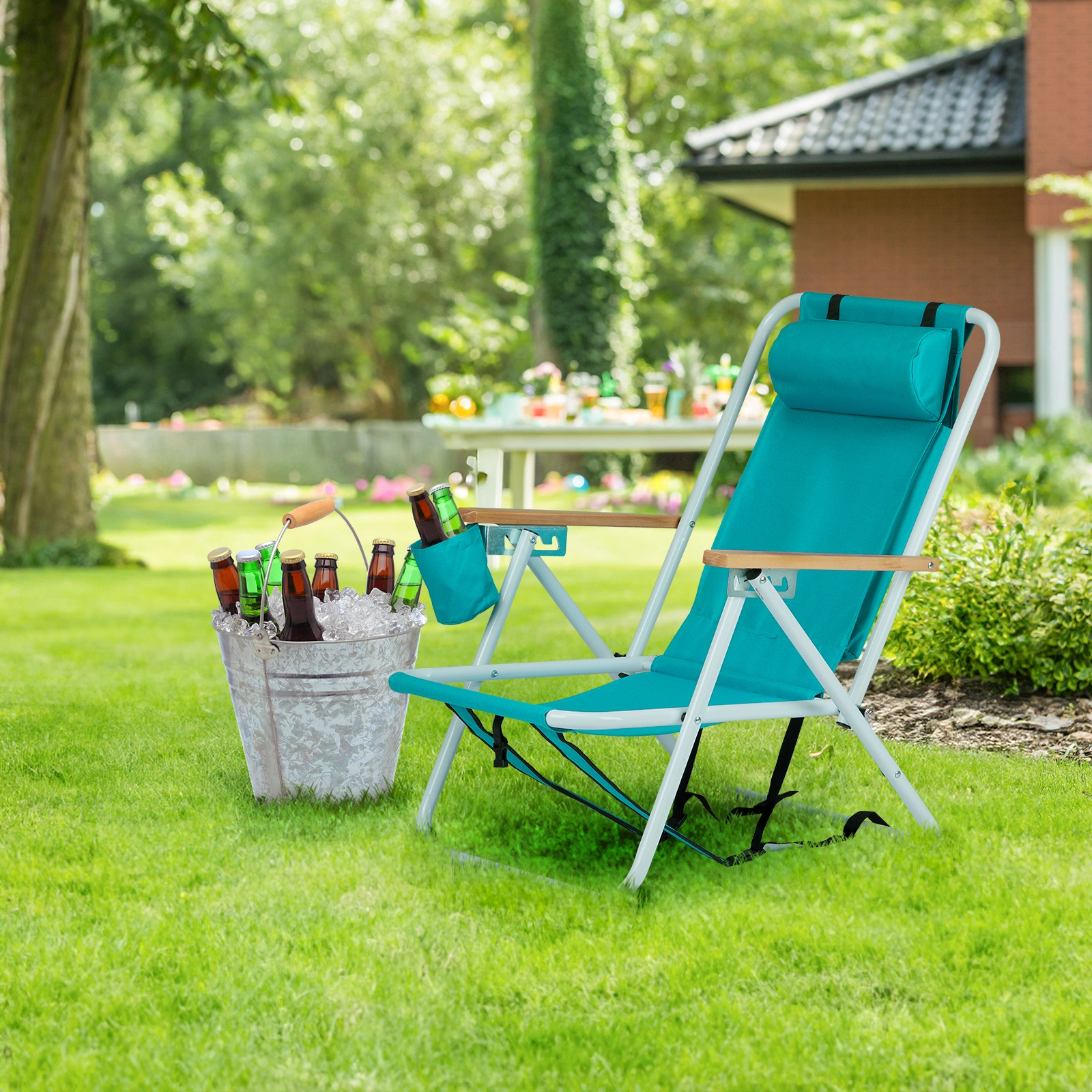 Folding Beach Chair Set of 2 for Adults, 4 Position Portable Backpack Foldable Camping Chair with Headrest Cup Holder and Wooden Armrests, Green view 11