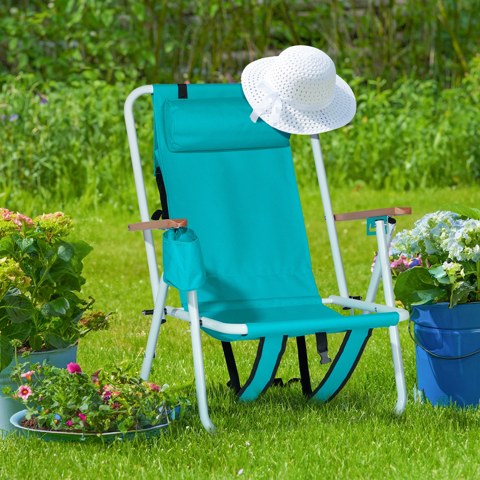 Folding Beach Chair Set of 2 for Adults, 4 Position Portable Backpack Foldable Camping Chair with Headrest Cup Holder and Wooden Armrests, Green view 12