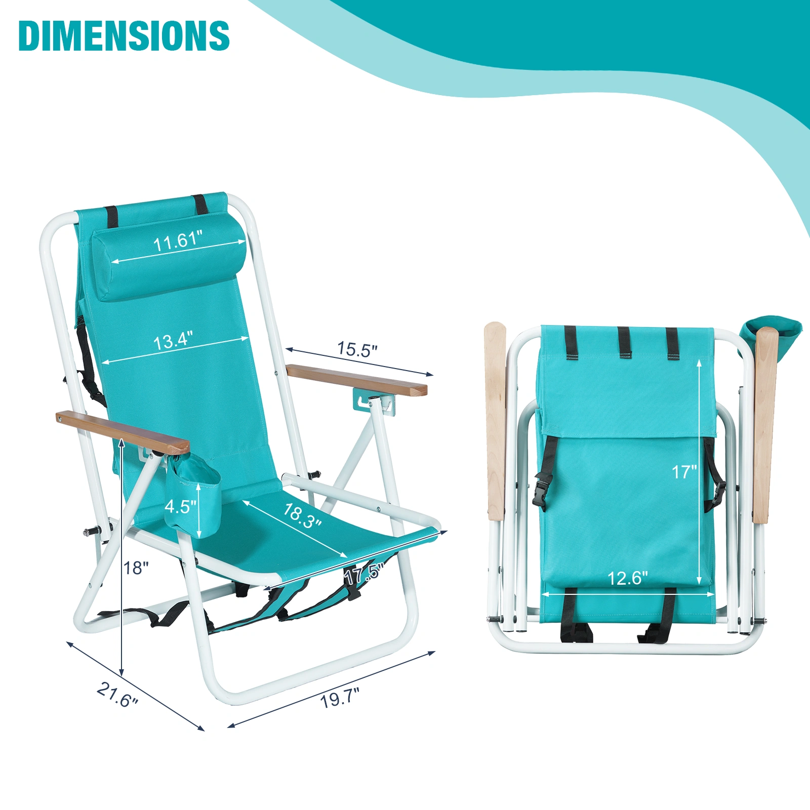 Folding Beach Chair Set of 2 for Adults, 4 Position Portable Backpack Foldable Camping Chair with Headrest Cup Holder and Wooden Armrests, Green view 13