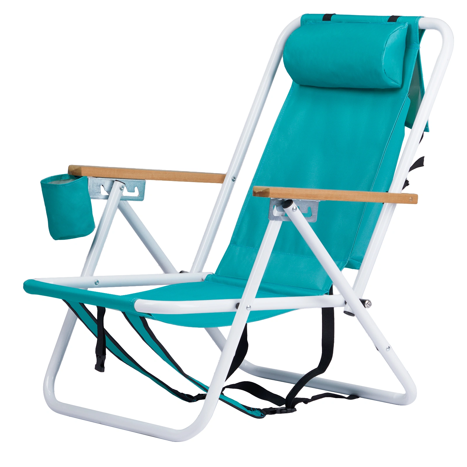 Folding Beach Chair Set of 2 for Adults, 4 Position Portable Backpack Foldable Camping Chair with Headrest Cup Holder and Wooden Armrests, Green view 14