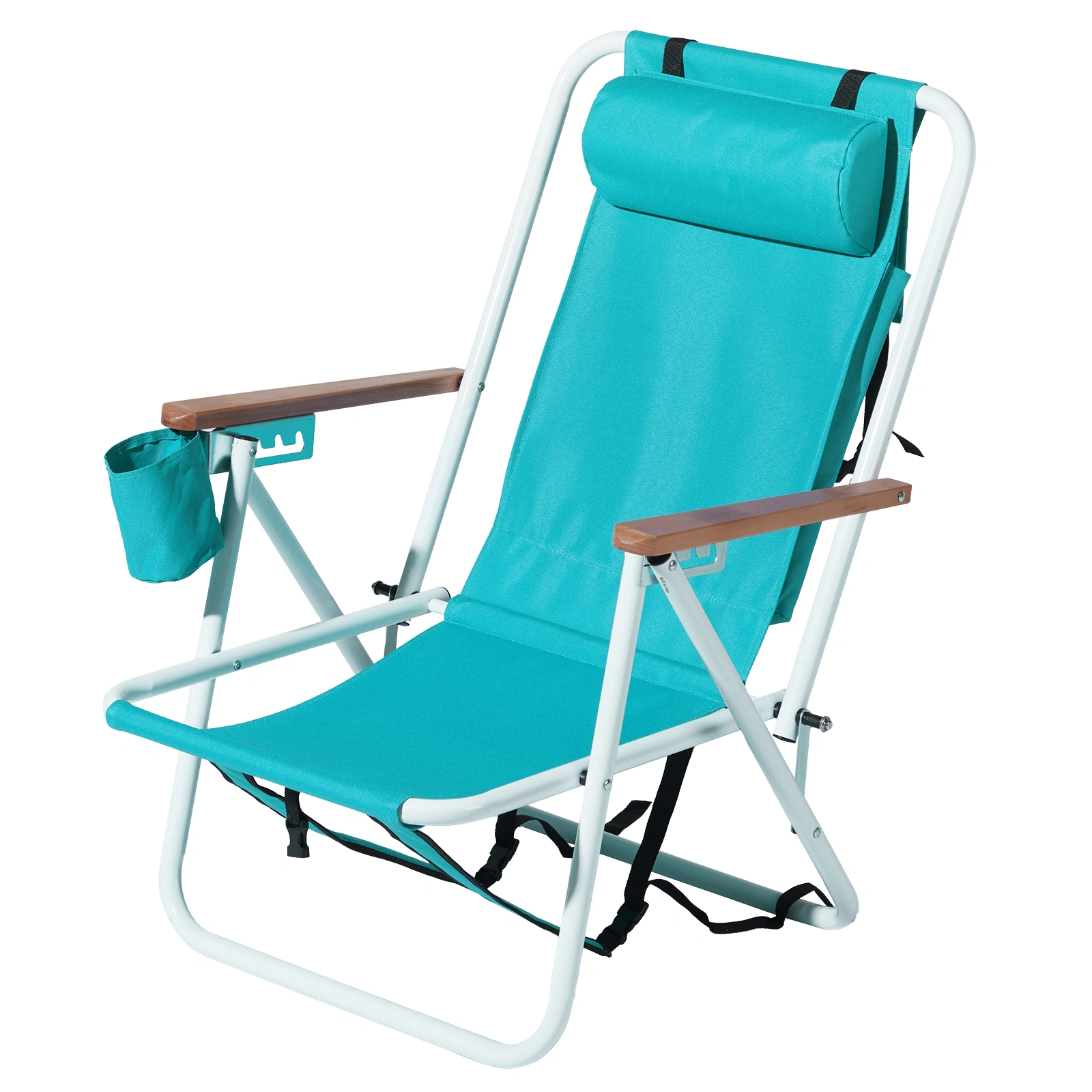 Folding Beach Chair Set of 2 for Adults, 4 Position Portable Backpack Foldable Camping Chair with Headrest Cup Holder and Wooden Armrests, Green view 17