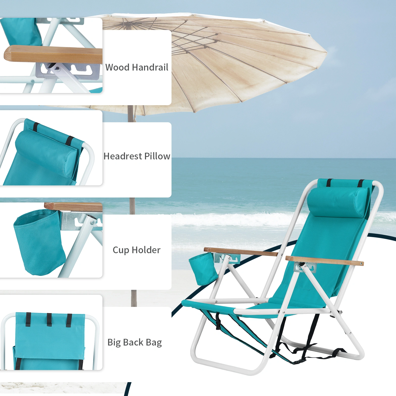 Folding Beach Chair Set of 2 for Adults, 4 Position Portable Backpack Foldable Camping Chair with Headrest Cup Holder and Wooden Armrests, Green view 19