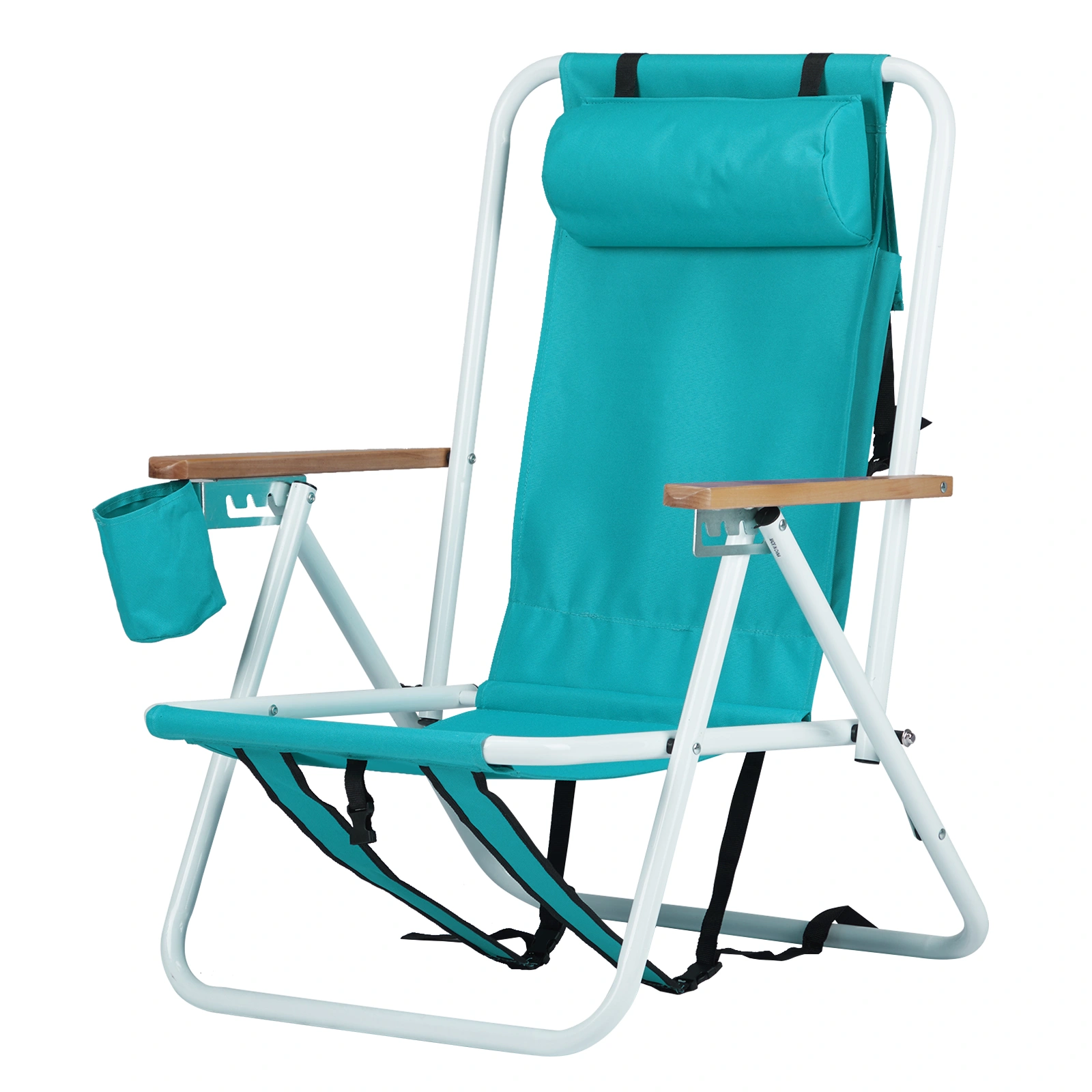 Folding Beach Chair Set of 2 for Adults, 4 Position Portable Backpack Foldable Camping Chair with Headrest Cup Holder and Wooden Armrests, Green view 2