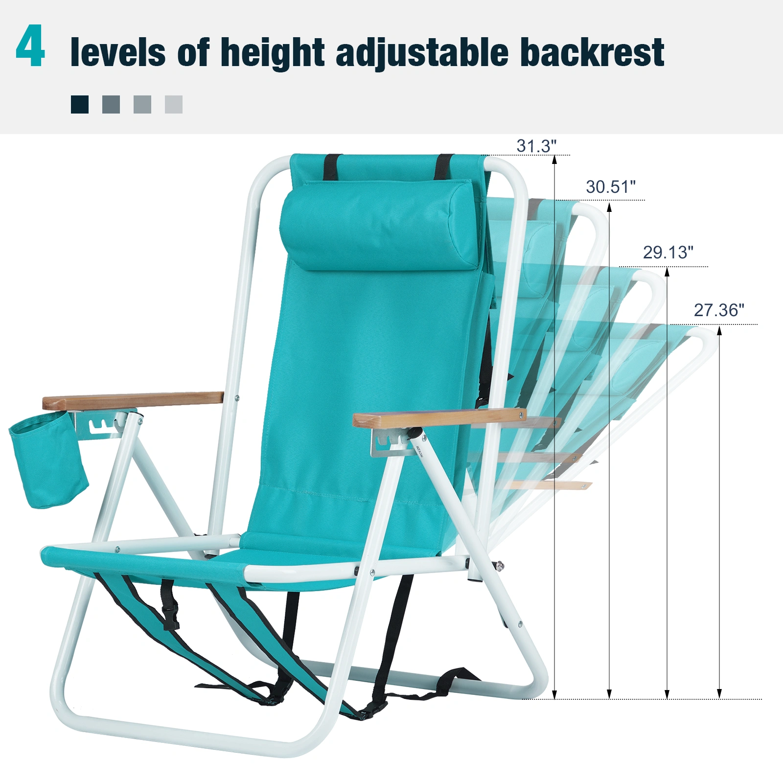 Folding Beach Chair Set of 2 for Adults, 4 Position Portable Backpack Foldable Camping Chair with Headrest Cup Holder and Wooden Armrests, Green view 20