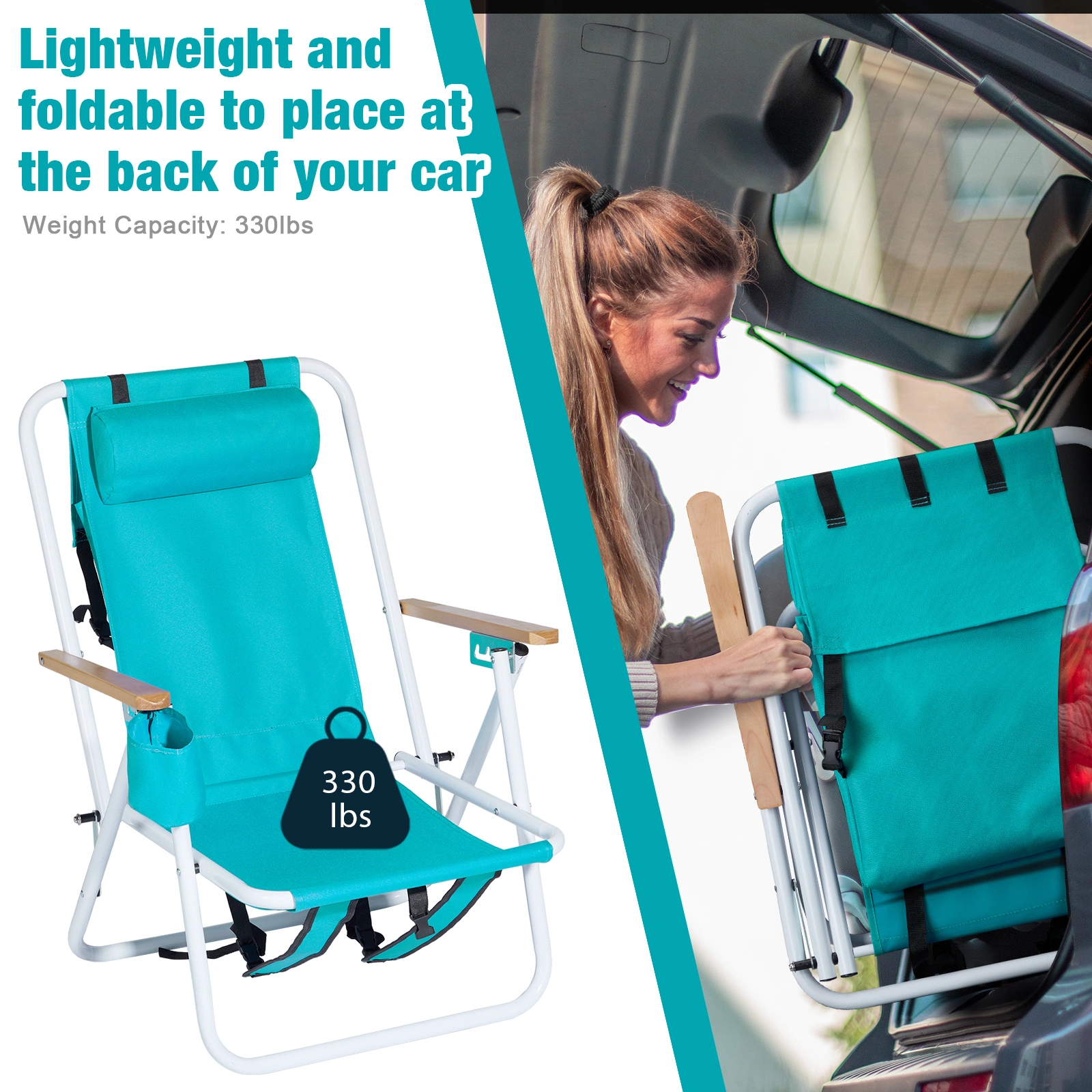 Folding Beach Chair Set of 2 for Adults, 4 Position Portable Backpack Foldable Camping Chair with Headrest Cup Holder and Wooden Armrests, Green view 4