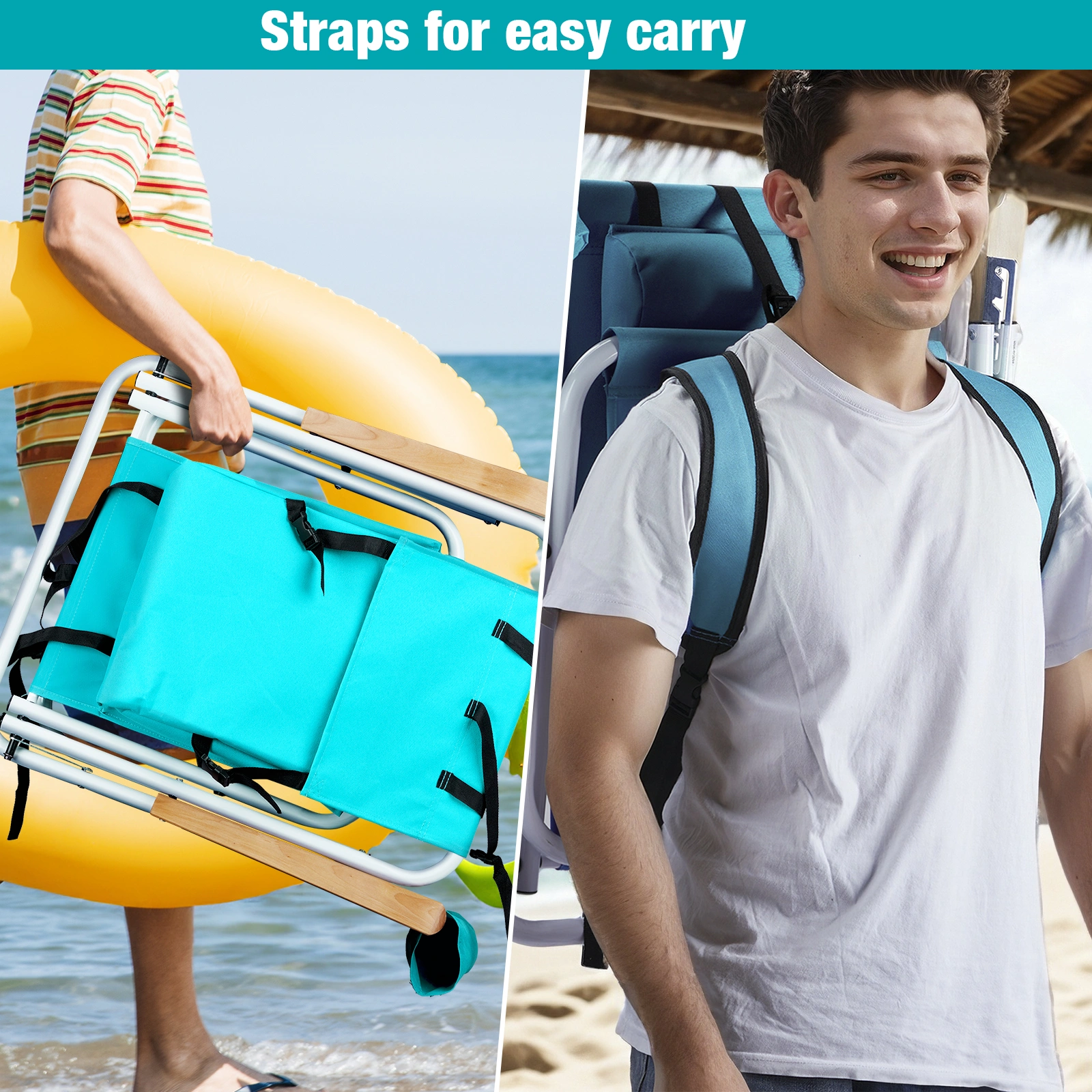 Folding Beach Chair Set of 2 for Adults, 4 Position Portable Backpack Foldable Camping Chair with Headrest Cup Holder and Wooden Armrests, Green view 5