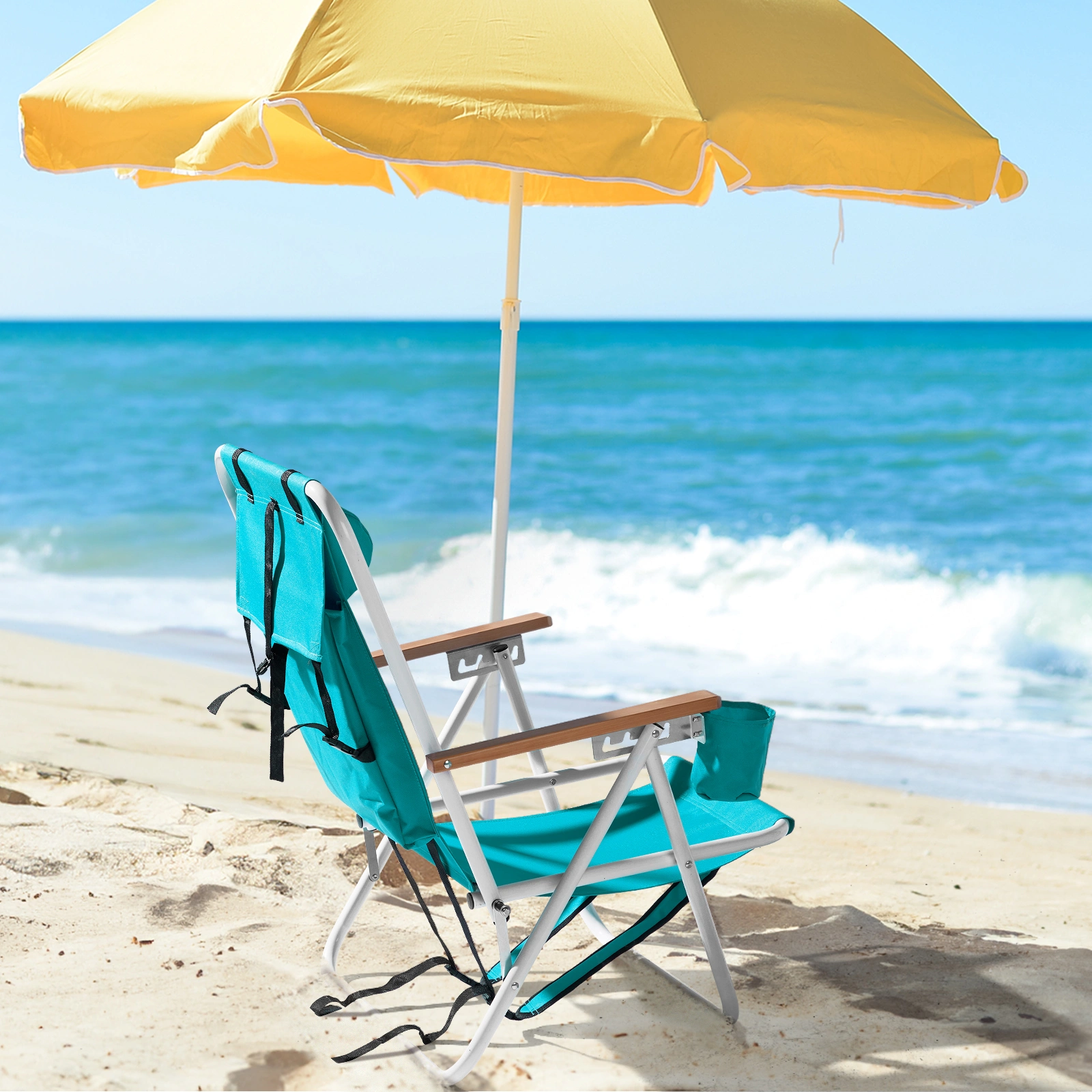 Folding Beach Chair Set of 2 for Adults, 4 Position Portable Backpack Foldable Camping Chair with Headrest Cup Holder and Wooden Armrests, Green view 7
