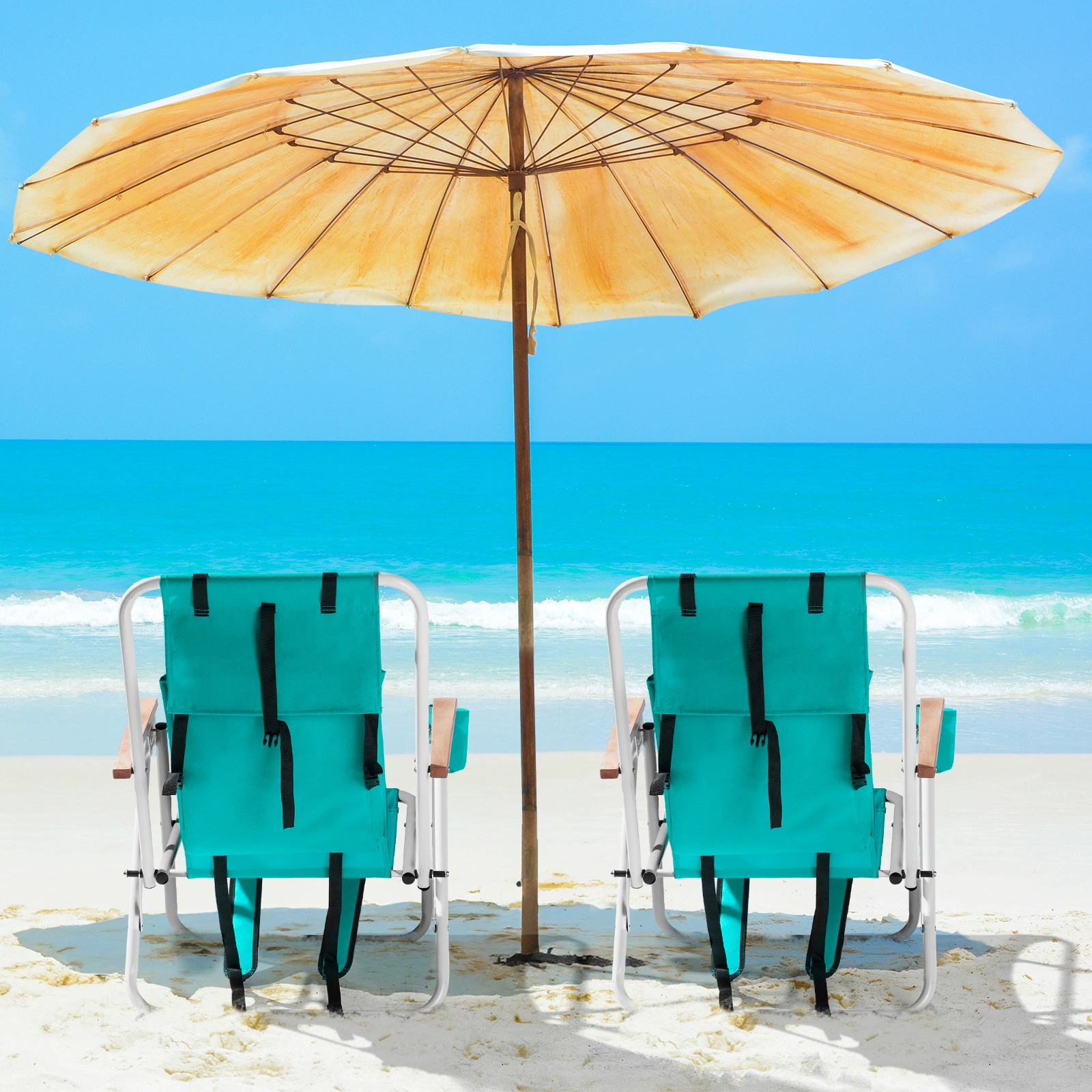 Folding Beach Chair Set of 2 for Adults, 4 Position Portable Backpack Foldable Camping Chair with Headrest Cup Holder and Wooden Armrests, Green view 8