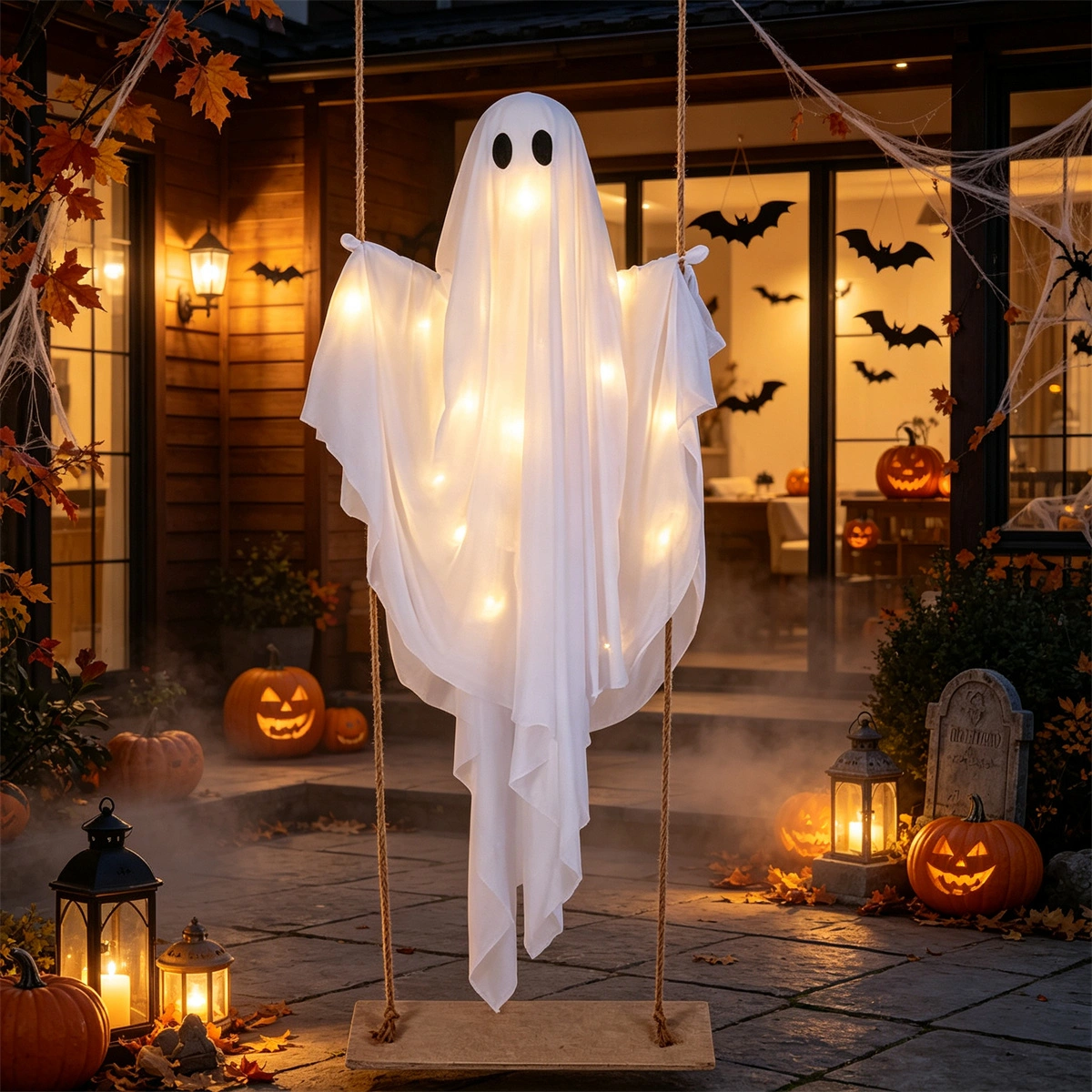 5FT Hanging Swing Ghost Halloween Decor, Warm White LED Light String 16.4FT with Remote, Adjustable Height Outdoor Halloween Yard Ornament