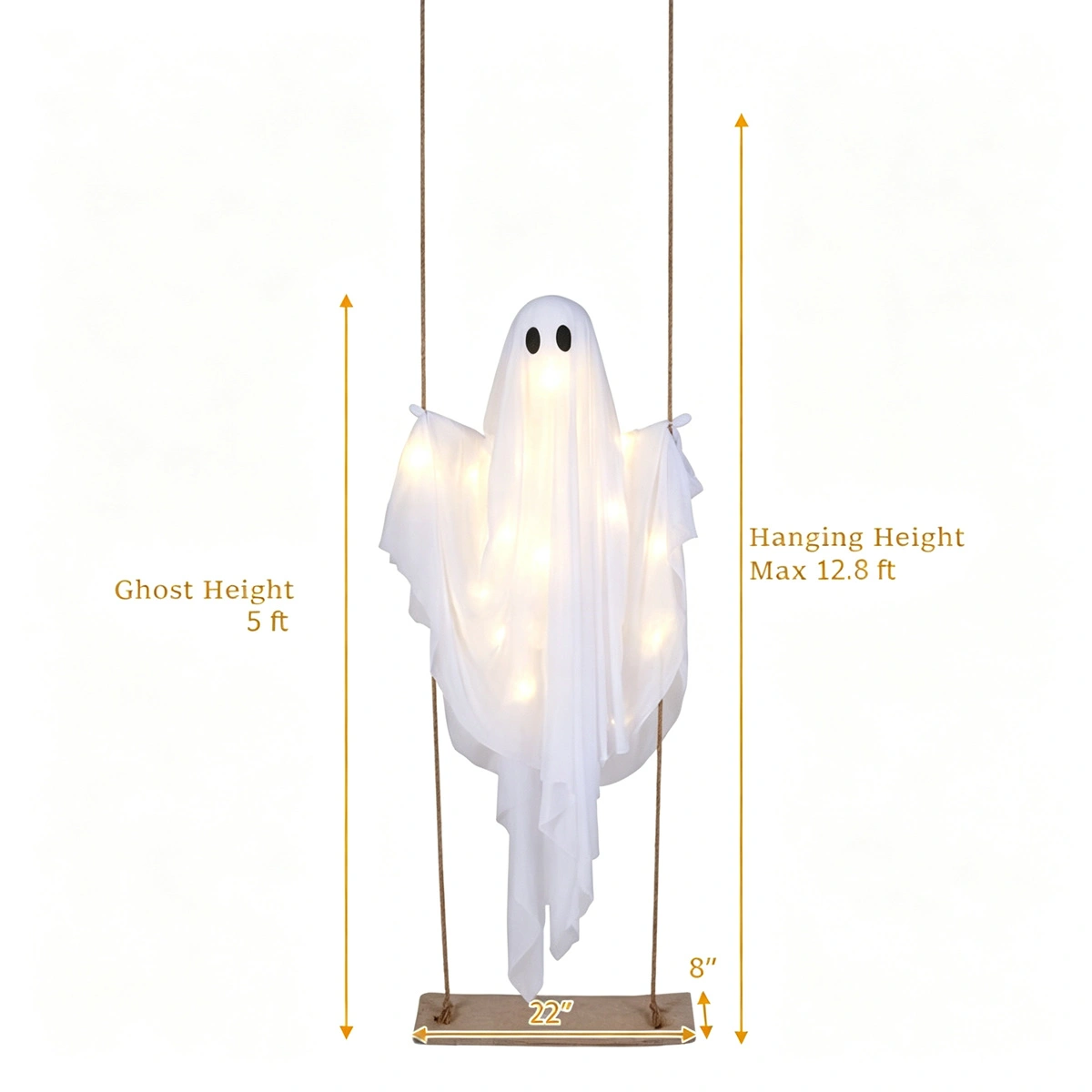 5FT Hanging Swing Ghost Halloween Decor, Warm White LED Light String 16.4FT with Remote, Adjustable Height Outdoor Halloween Yard Ornament view 3