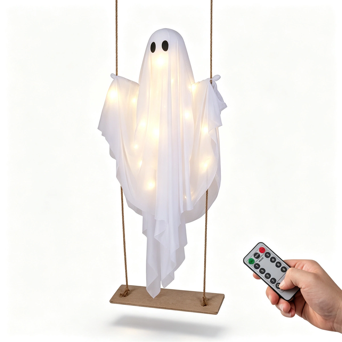 5FT Hanging Swing Ghost Halloween Decor, Warm White LED Light String 16.4FT with Remote, Adjustable Height Outdoor Halloween Yard Ornament view 4