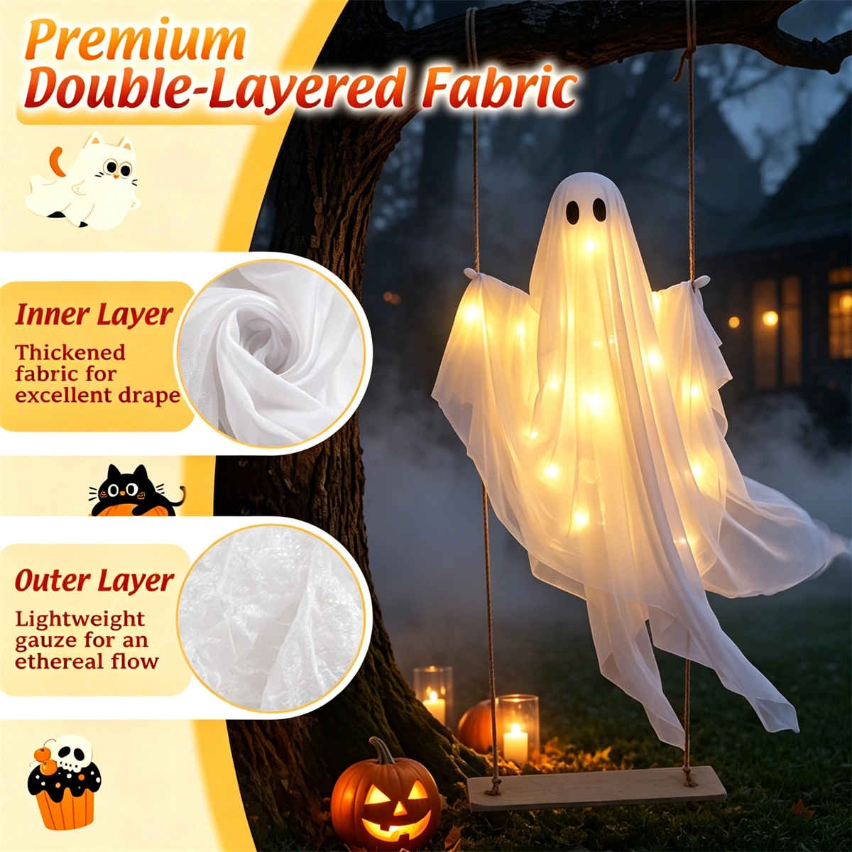 5FT Hanging Swing Ghost Halloween Decor, Warm White LED Light String 16.4FT with Remote, Adjustable Height Outdoor Halloween Yard Ornament view 5