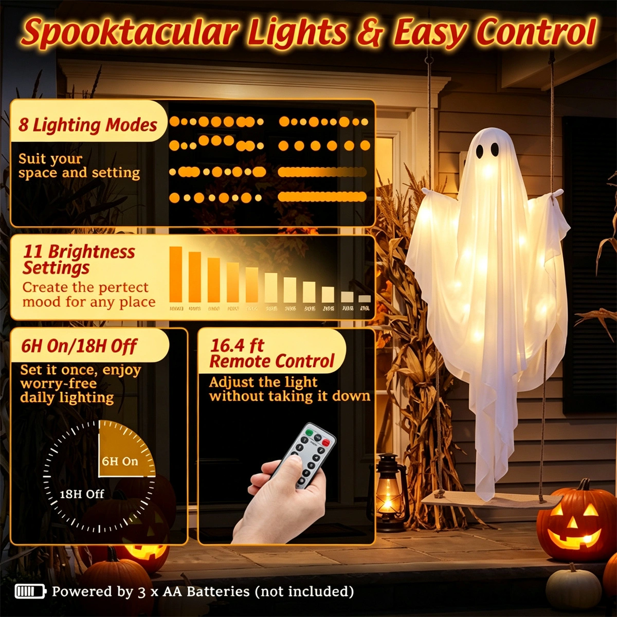 5FT Hanging Swing Ghost Halloween Decor, Warm White LED Light String 16.4FT with Remote, Adjustable Height Outdoor Halloween Yard Ornament view 6