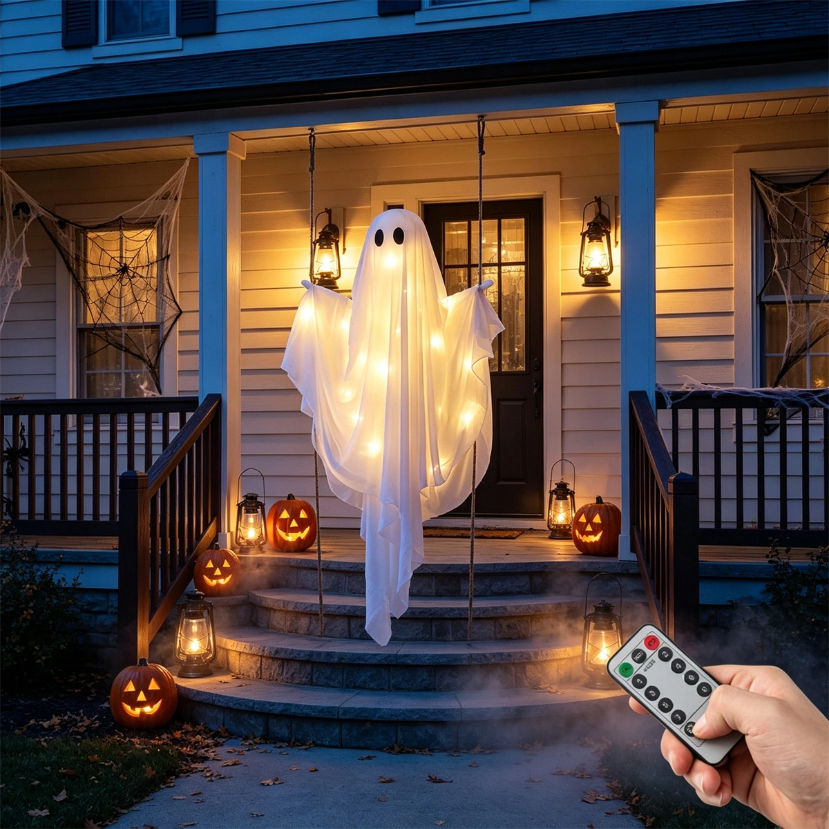 5FT Hanging Swing Ghost Halloween Decor, Warm White LED Light String 16.4FT with Remote, Adjustable Height Outdoor Halloween Yard Ornament view 8