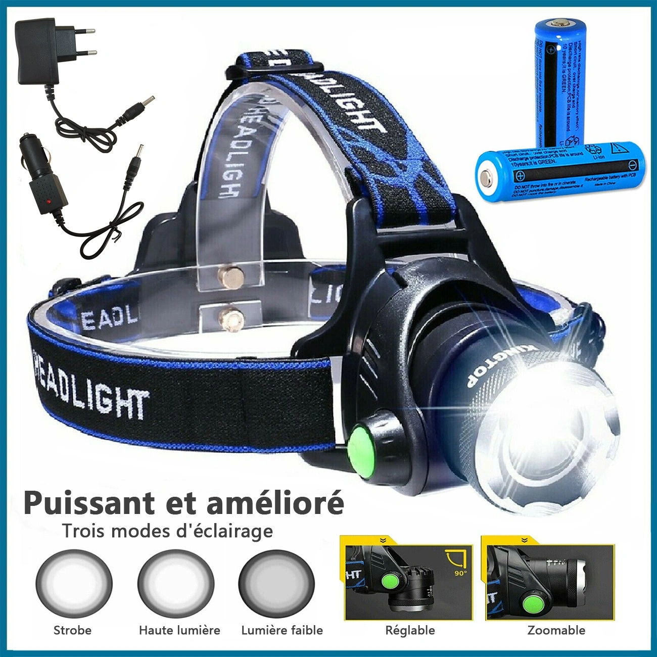 Rechargeable LED Headlamp, Camping Hiking Head Torch, Work Light with Battery and Charger Included, Adjustable Head Light view 2