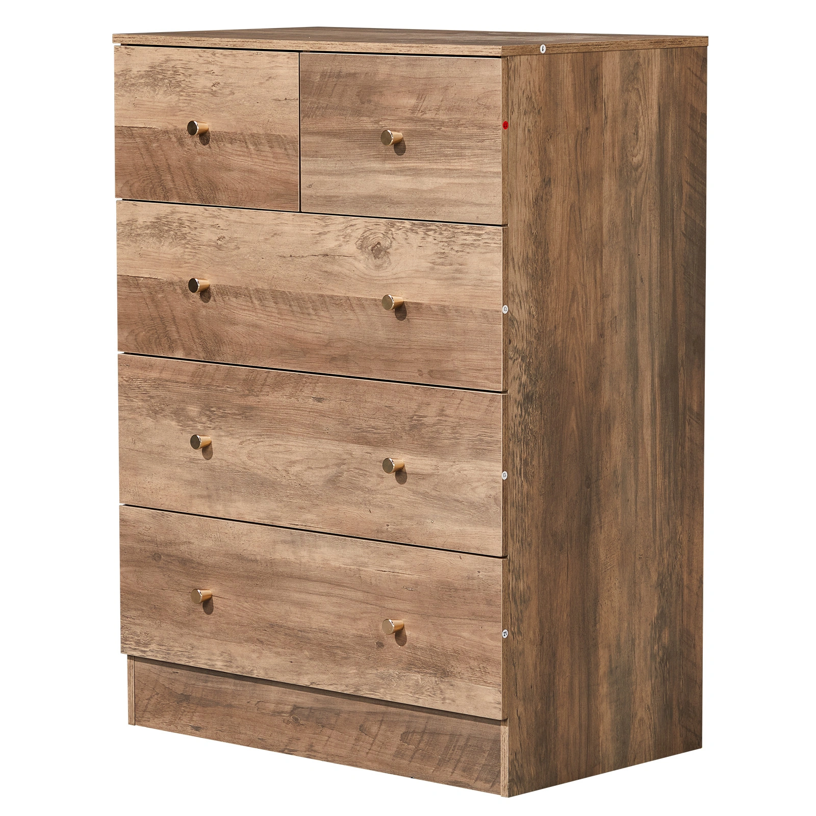 Gray particleboard with linen-textured melamine finish, 66*40*91cm, 3+2 drawers, drawer cabinet with matte gold handles view 2