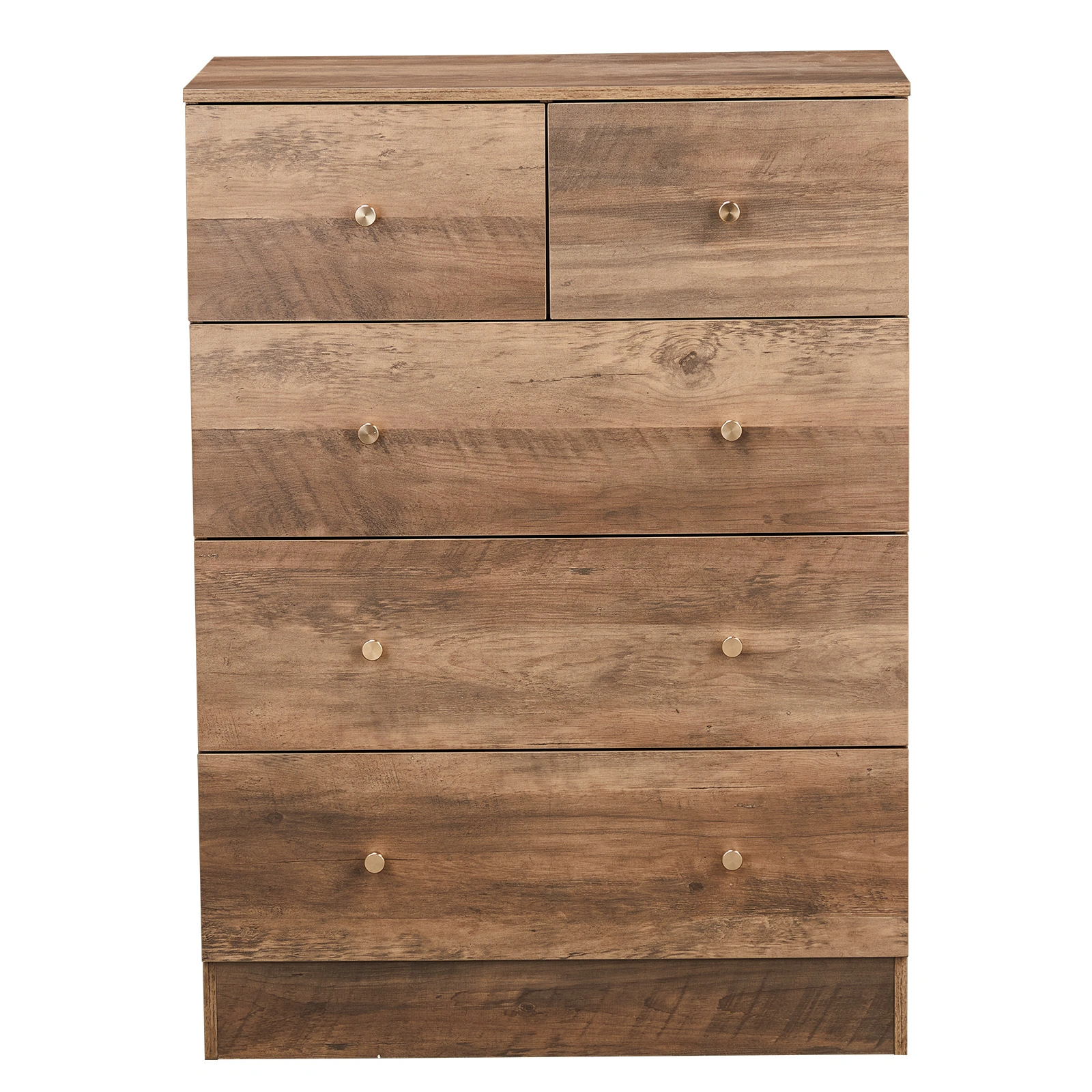 Gray particleboard with linen-textured melamine finish, 66*40*91cm, 3+2 drawers, drawer cabinet with matte gold handles view 3