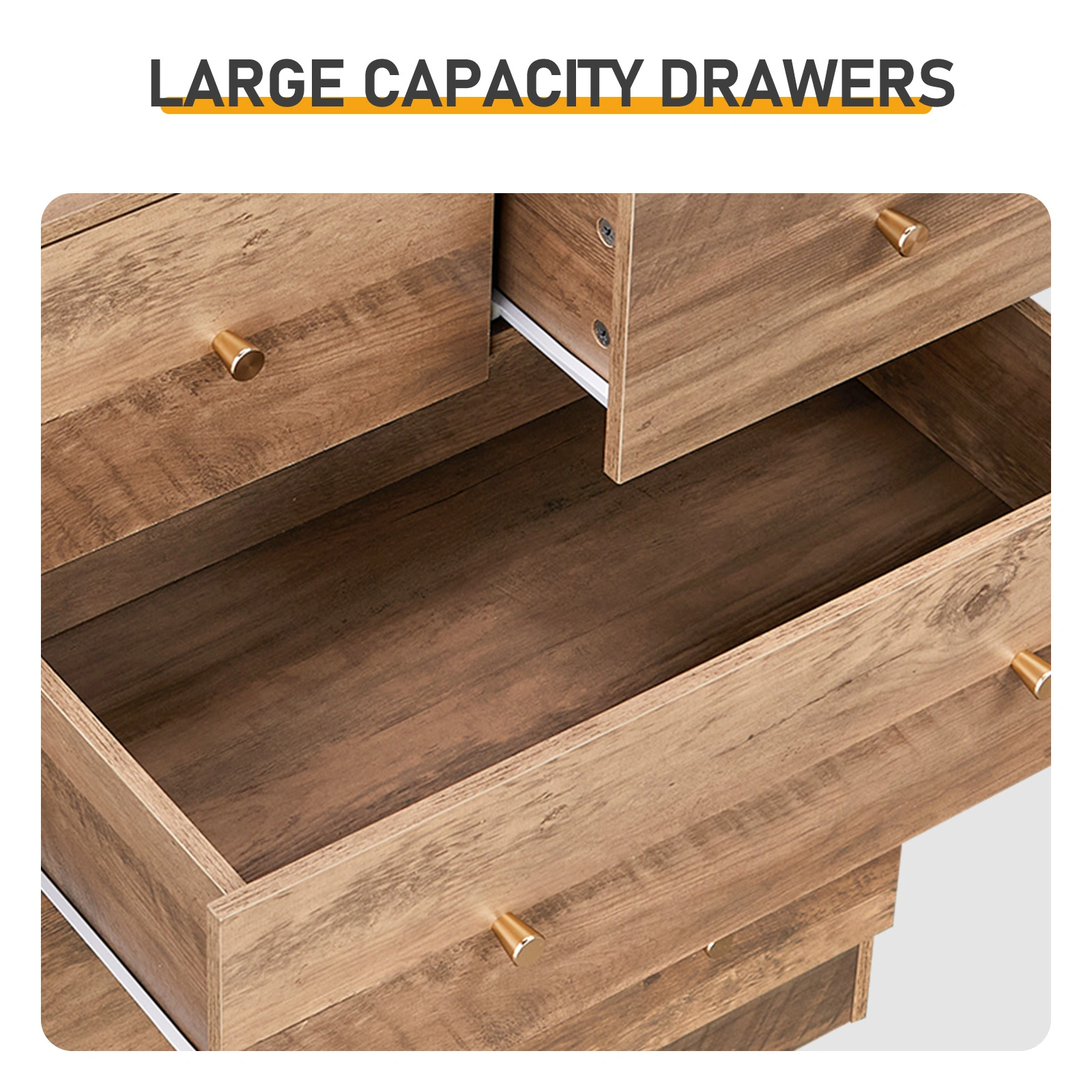 Gray particleboard with linen-textured melamine finish, 66*40*91cm, 3+2 drawers, drawer cabinet with matte gold handles view 4