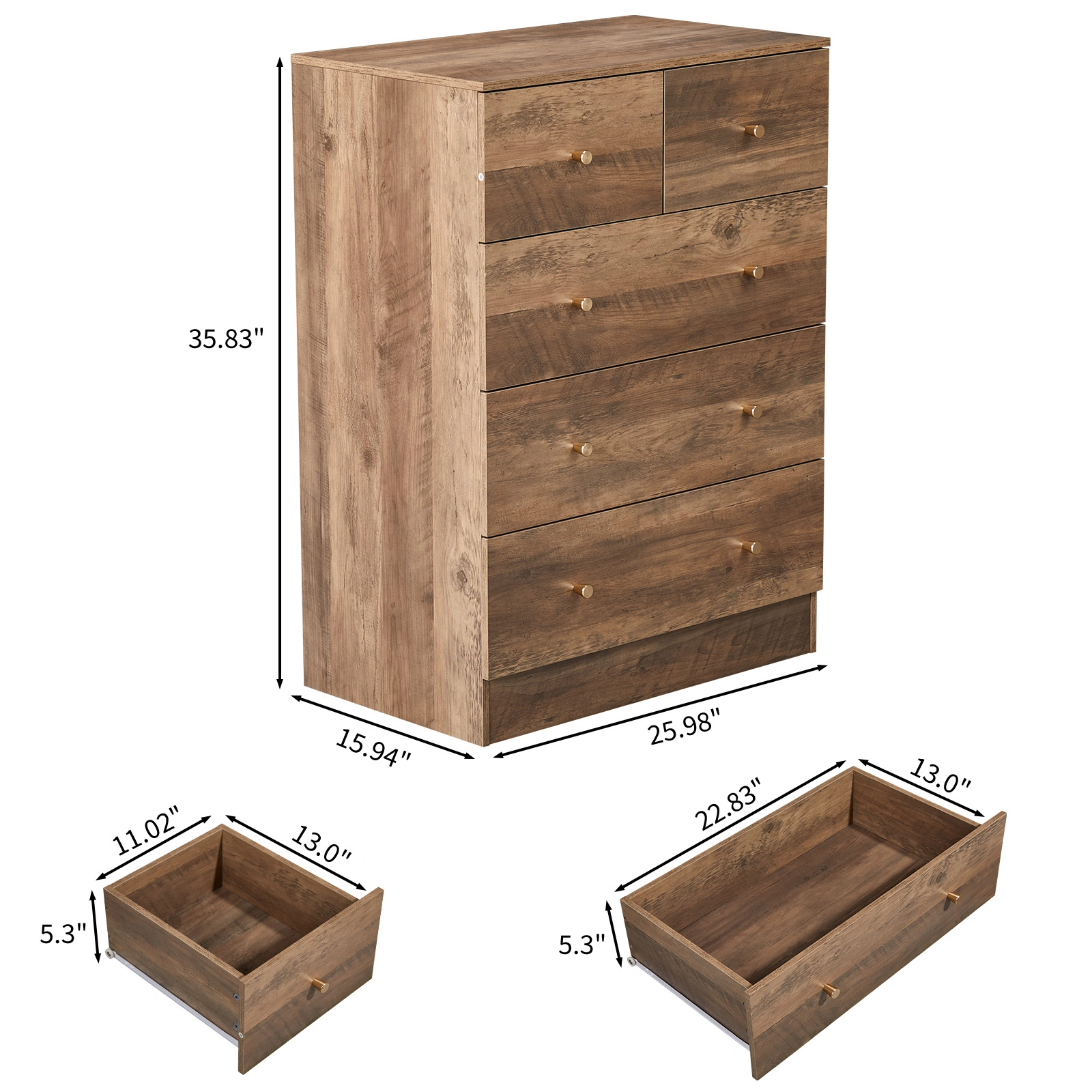 Gray particleboard with linen-textured melamine finish, 66*40*91cm, 3+2 drawers, drawer cabinet with matte gold handles view 5