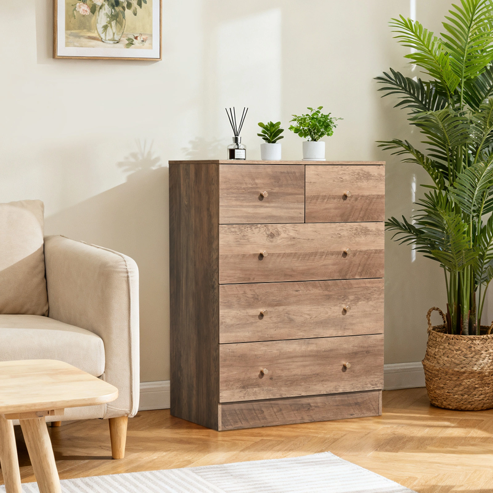 Gray particleboard with linen-textured melamine finish, 66*40*91cm, 3+2 drawers, drawer cabinet with matte gold handles view 7