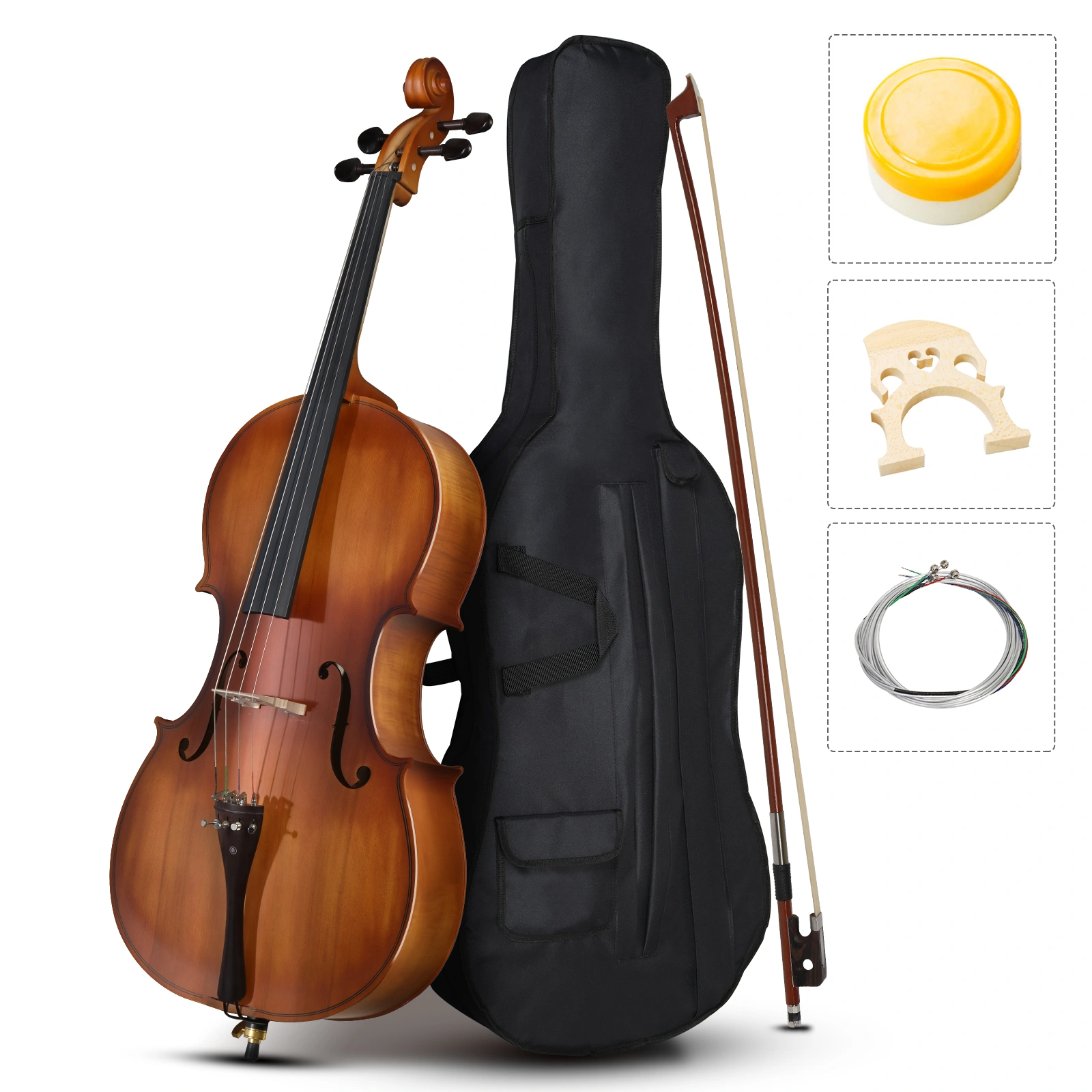 Cello 4/4 Full Size Matte Natural Spruce Wood Violin Family Instrument with Bag Bow Rosin Bridge Strings