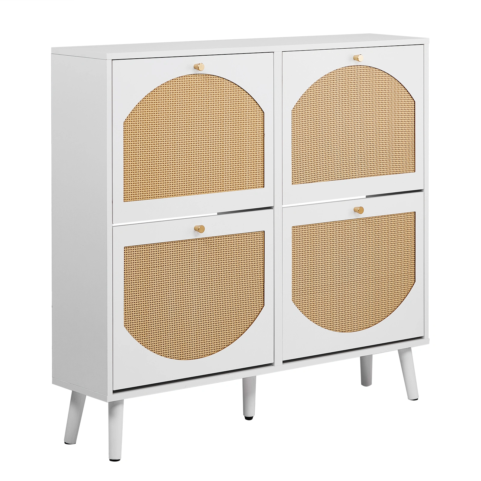 2 rows of 4 dump buckets with high-leg arched rattan shoe cabinet, particle board + plastic rattan, 105*24*98cm, white frame + original wood rattan surface + white high legs view 10