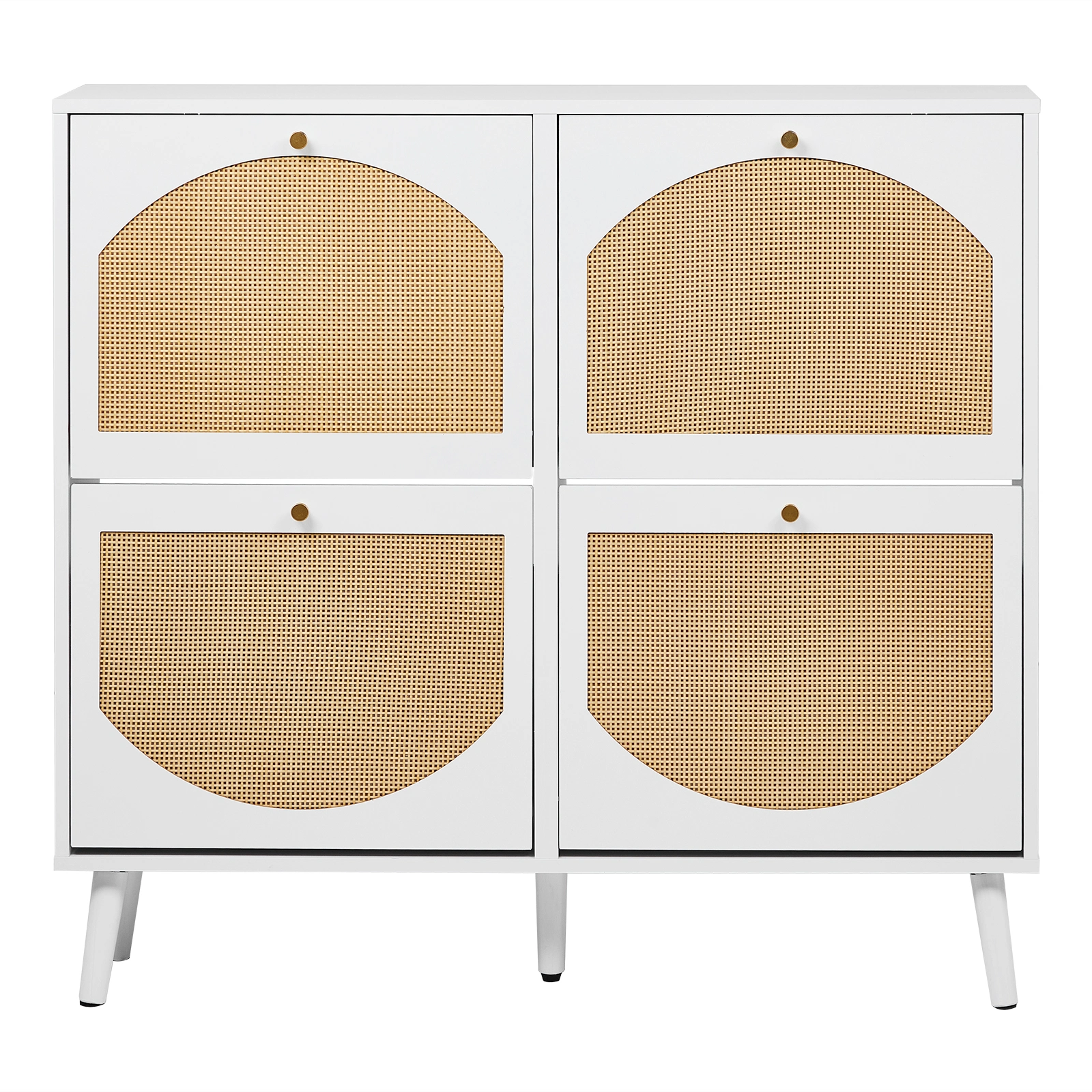 2 rows of 4 dump buckets with high-leg arched rattan shoe cabinet, particle board + plastic rattan, 105*24*98cm, white frame + original wood rattan surface + white high legs view 2