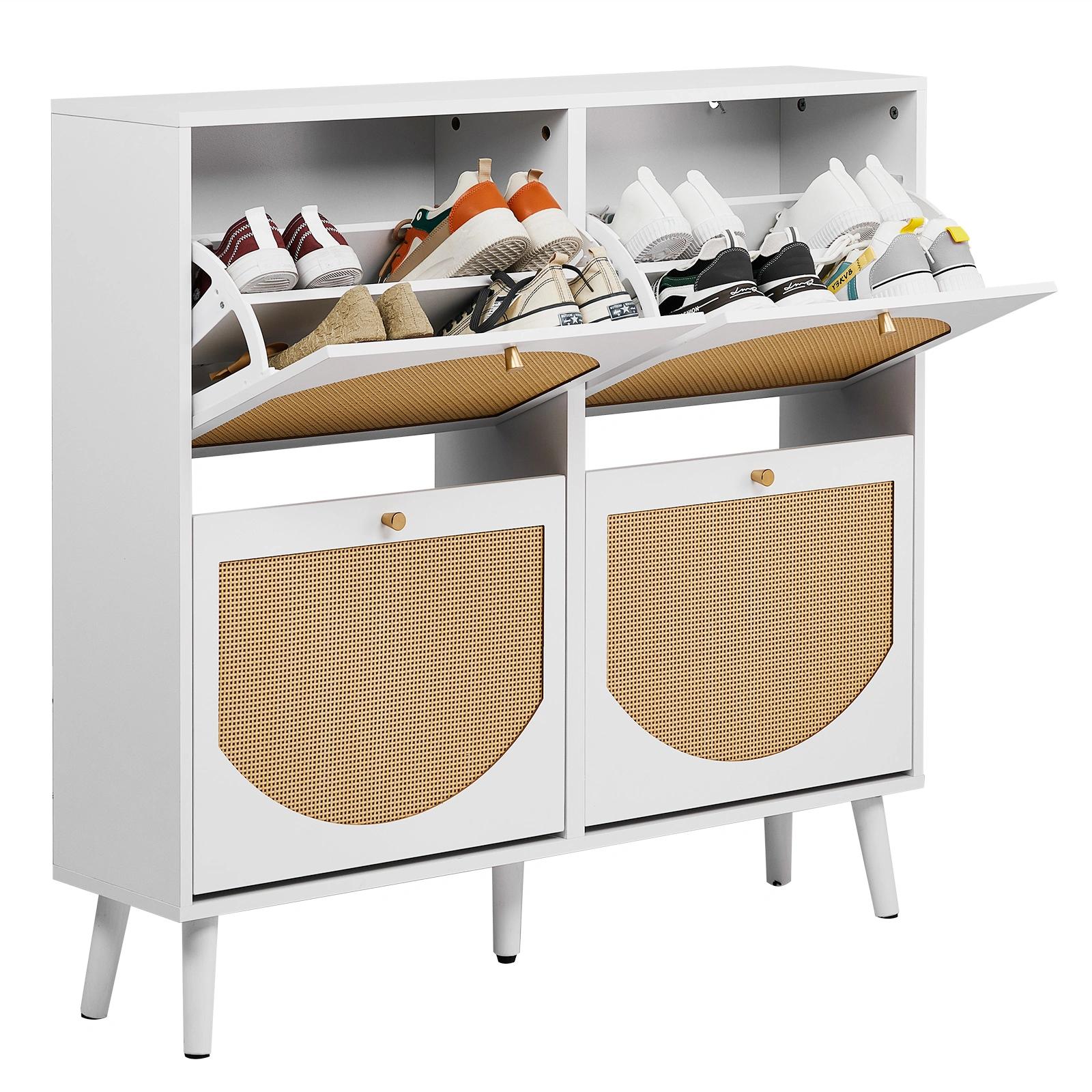 2 rows of 4 dump buckets with high-leg arched rattan shoe cabinet, particle board + plastic rattan, 105*24*98cm, white frame + original wood rattan surface + white high legs view 3