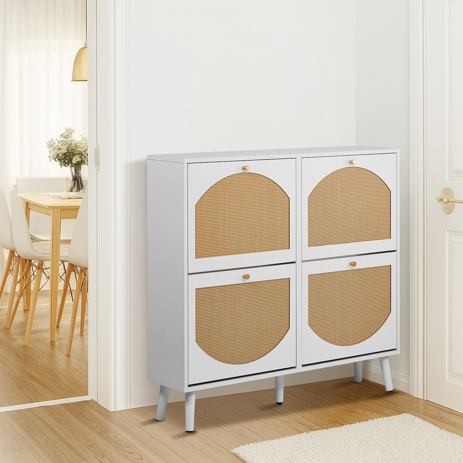 2 rows of 4 dump buckets with high-leg arched rattan shoe cabinet, particle board + plastic rattan, 105*24*98cm, white frame + original wood rattan surface + white high legs view 4