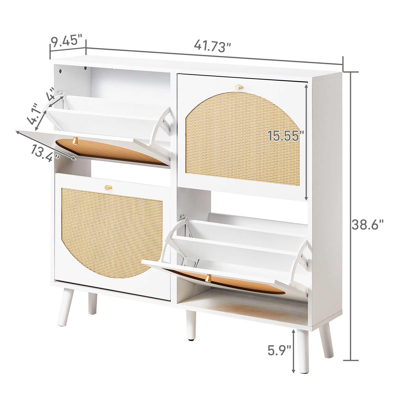 2 rows of 4 dump buckets with high-leg arched rattan shoe cabinet, particle board + plastic rattan, 105*24*98cm, white frame + original wood rattan surface + white high legs view 5