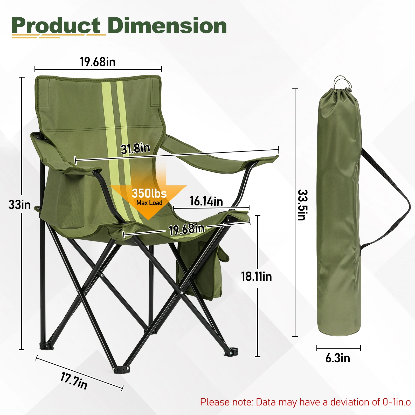 Folding Camping Chair with Built-in Cooler Bag & Cup Holder, Heavy Duty 350 lbs Capacity Portable Outdoor Camp Chair, Green Padded Folding Chair with Side Pocket for Camping, Beach, Patio, Picnic, Travel view 10