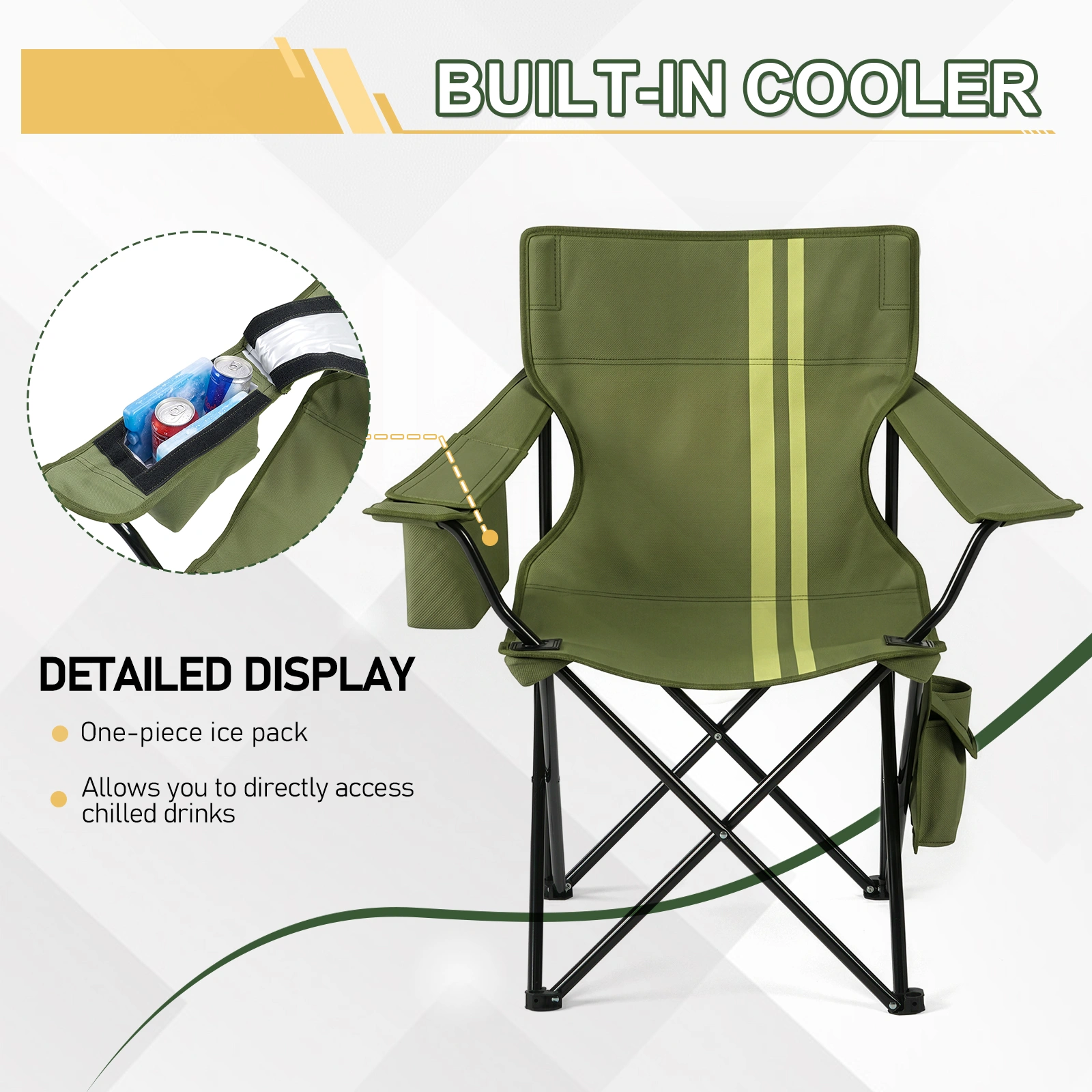 Folding Camping Chair with Built-in Cooler Bag & Cup Holder, Heavy Duty 350 lbs Capacity Portable Outdoor Camp Chair, Green Padded Folding Chair with Side Pocket for Camping, Beach, Patio, Picnic, Travel view 11