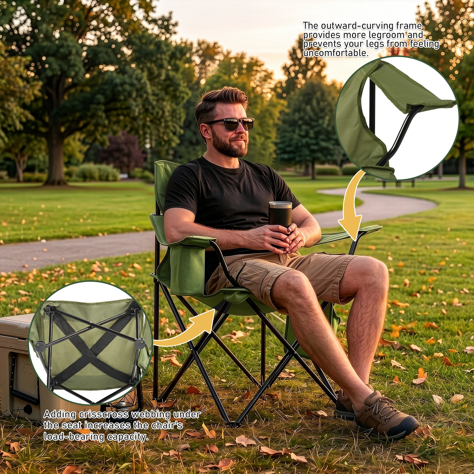 Folding Camping Chair with Built-in Cooler Bag & Cup Holder, Heavy Duty 350 lbs Capacity Portable Outdoor Camp Chair, Green Padded Folding Chair with Side Pocket for Camping, Beach, Patio, Picnic, Travel view 15