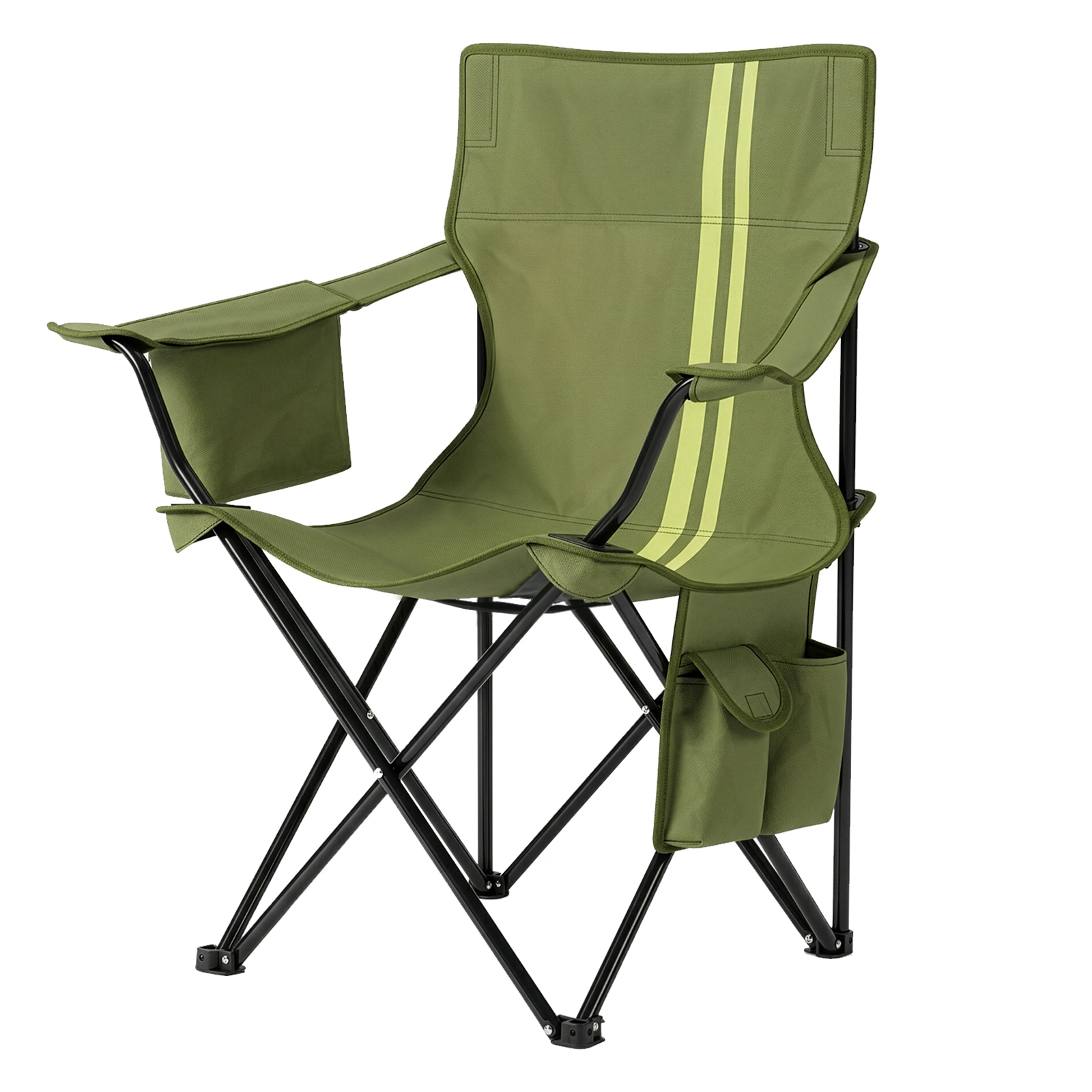Folding Camping Chair with Built-in Cooler Bag & Cup Holder, Heavy Duty 350 lbs Capacity Portable Outdoor Camp Chair, Green Padded Folding Chair with Side Pocket for Camping, Beach, Patio, Picnic, Travel view 2