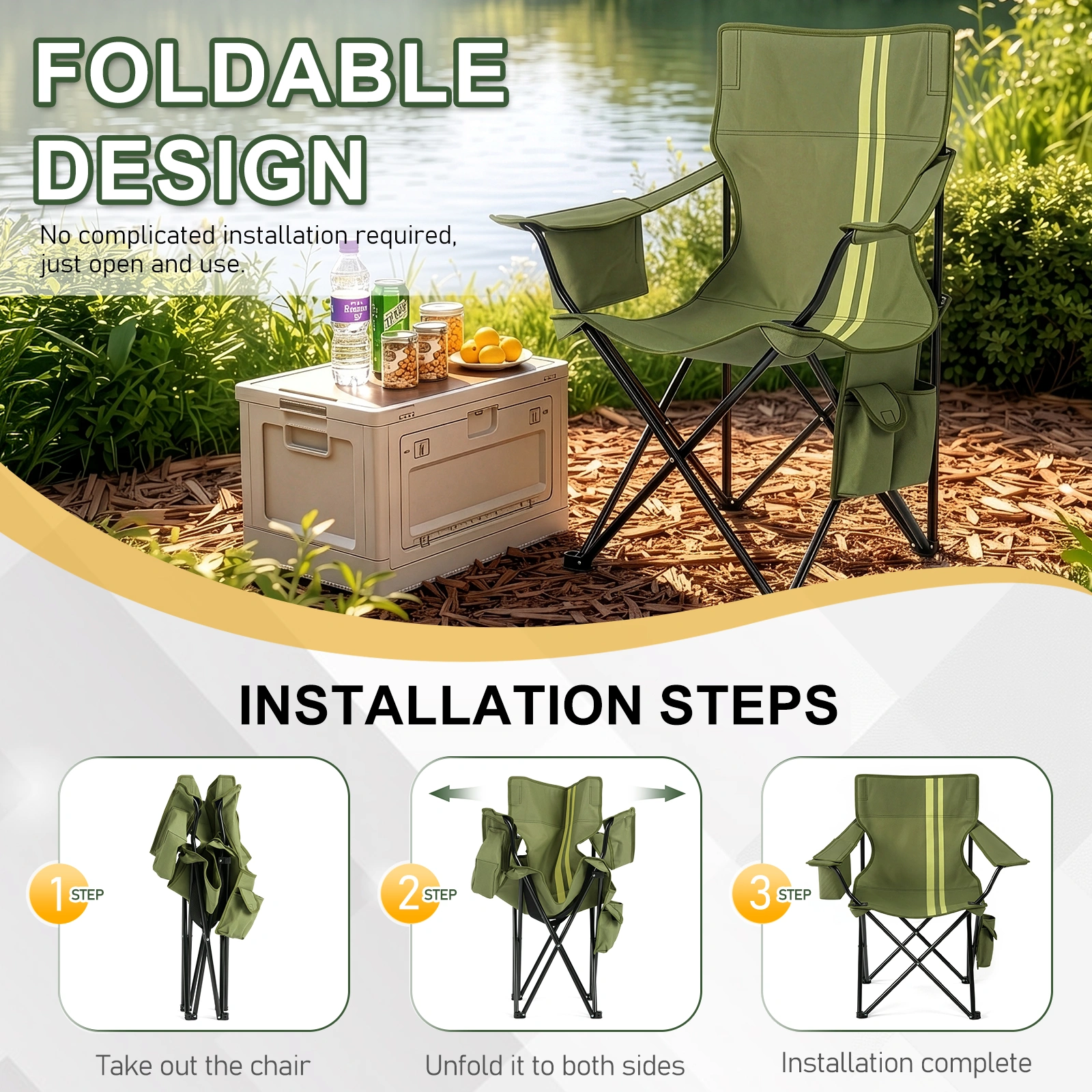 Folding Camping Chair with Built-in Cooler Bag & Cup Holder, Heavy Duty 350 lbs Capacity Portable Outdoor Camp Chair, Green Padded Folding Chair with Side Pocket for Camping, Beach, Patio, Picnic, Travel view 6