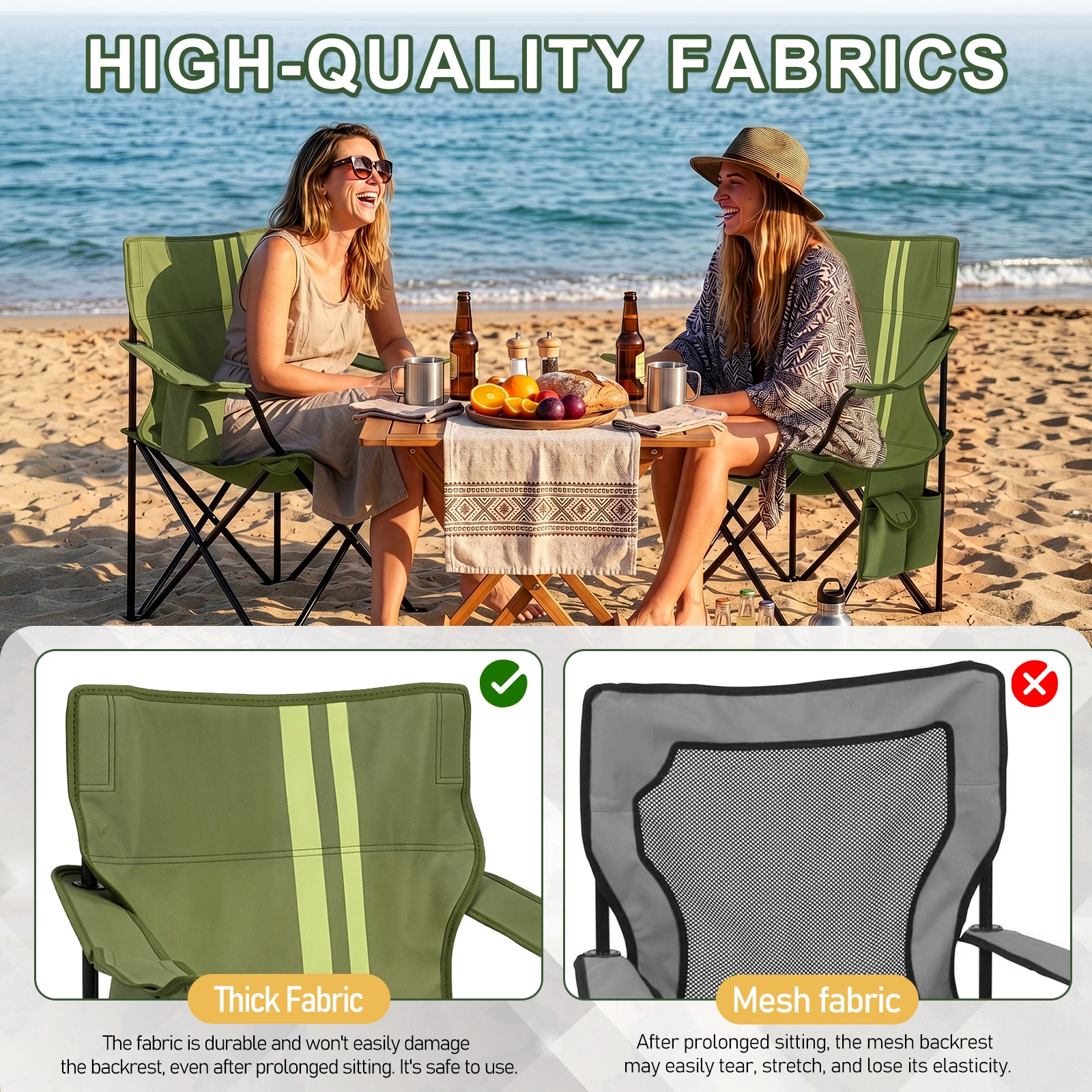 Folding Camping Chair with Built-in Cooler Bag & Cup Holder, Heavy Duty 350 lbs Capacity Portable Outdoor Camp Chair, Green Padded Folding Chair with Side Pocket for Camping, Beach, Patio, Picnic, Travel view 7