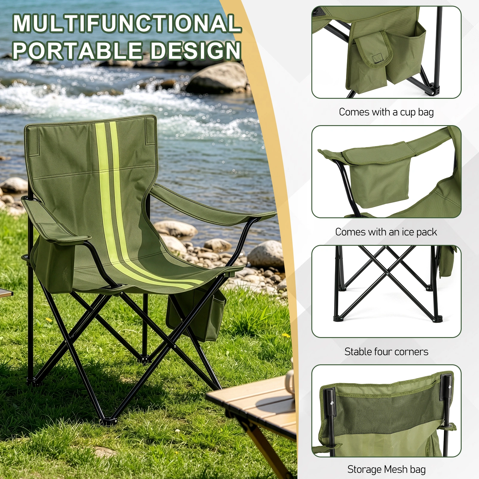 Folding Camping Chair with Built-in Cooler Bag & Cup Holder, Heavy Duty 350 lbs Capacity Portable Outdoor Camp Chair, Green Padded Folding Chair with Side Pocket for Camping, Beach, Patio, Picnic, Travel view 8