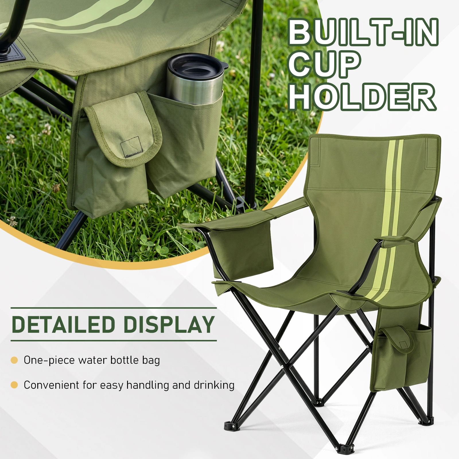 Folding Camping Chair with Built-in Cooler Bag & Cup Holder, Heavy Duty 350 lbs Capacity Portable Outdoor Camp Chair, Green Padded Folding Chair with Side Pocket for Camping, Beach, Patio, Picnic, Travel view 9