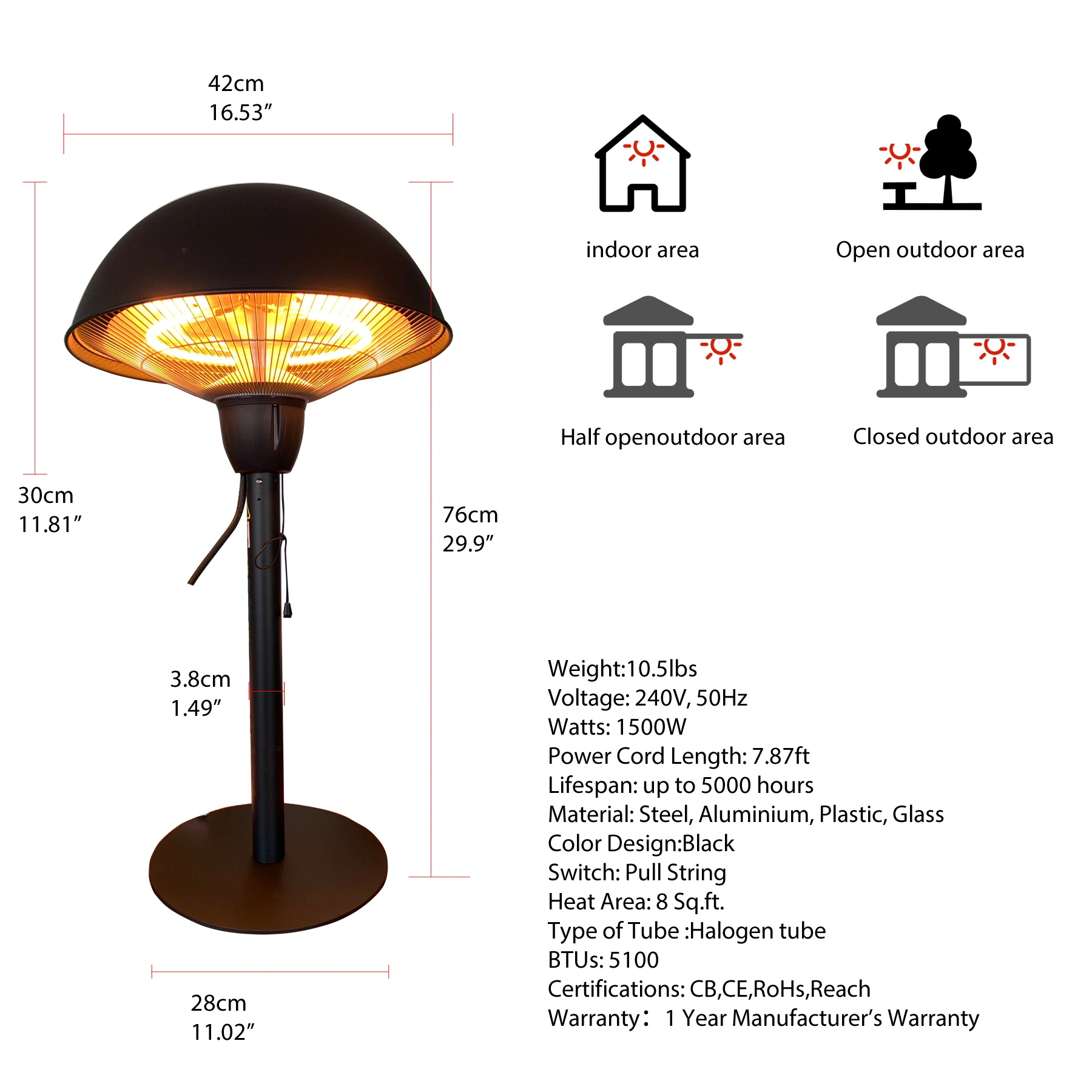Outdoor Electric Infrared Patio Heater, Freestanding & Tabletop Heater, Model ZHQ1566-BT view 2