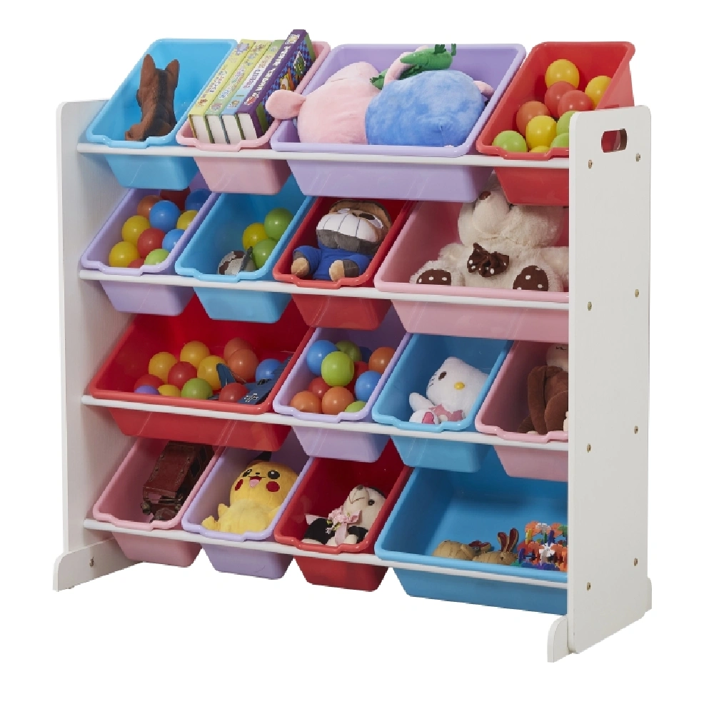 Kids Toy Storage Organizer with 16 Plastic Bins, Wooden Playroom Shelf Unit, X-Large, White/Blue/Pink/Purple view 2