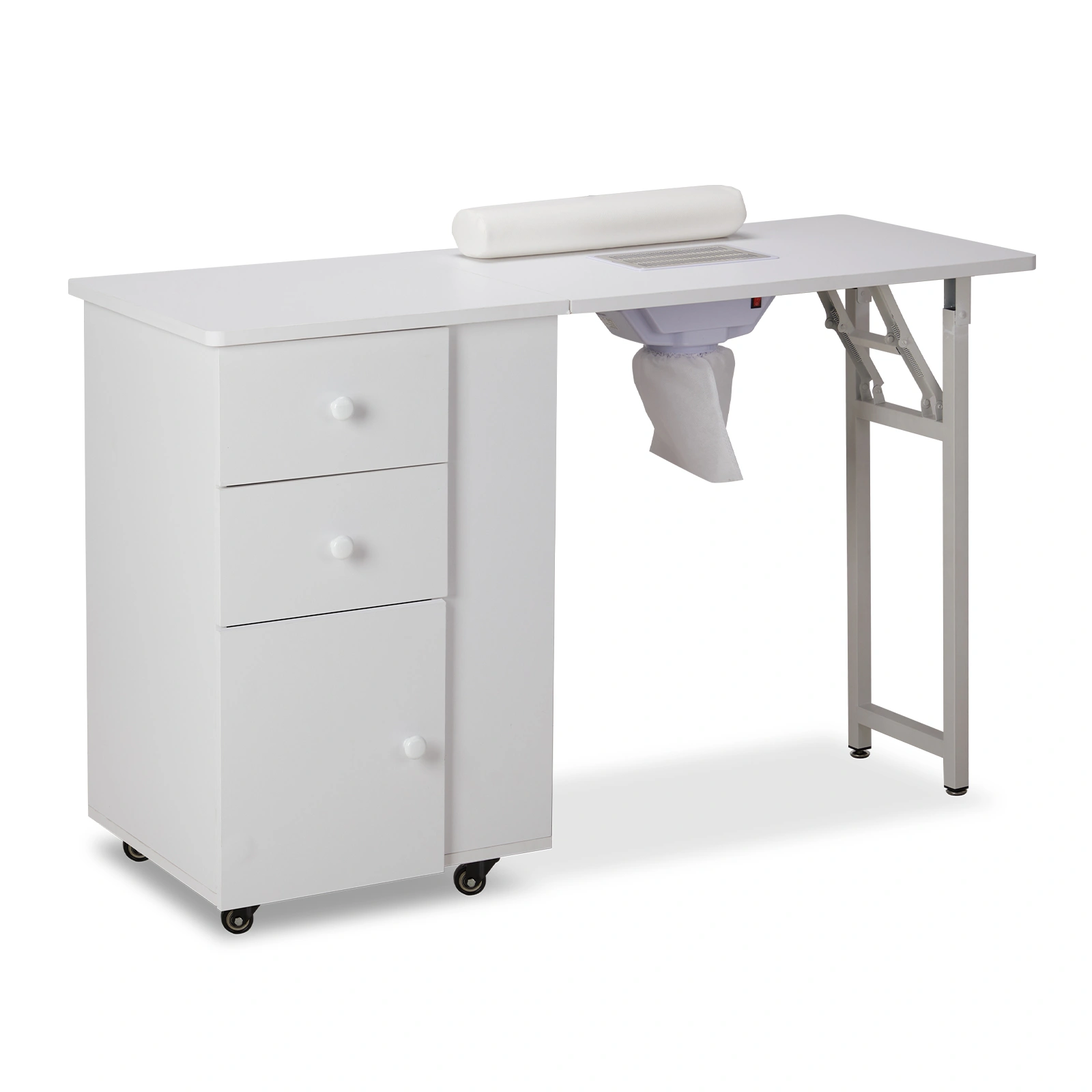 Foldable Manicure Table with Electric Dust Collector, Lockable Wheels, Wrist Cushion, Drawers & Cabinet for Beauty Salon, White view 2