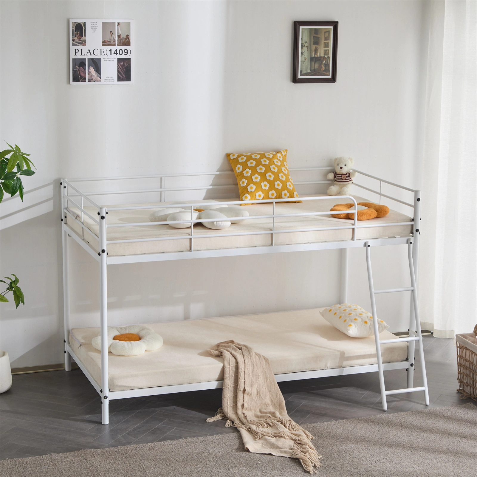 Twin Size Metal Bunk Bed for Kids Teens Adults, Heavy Duty Metal Bunk Bed with Ladder & Full-Length Guard Rail, White view 10