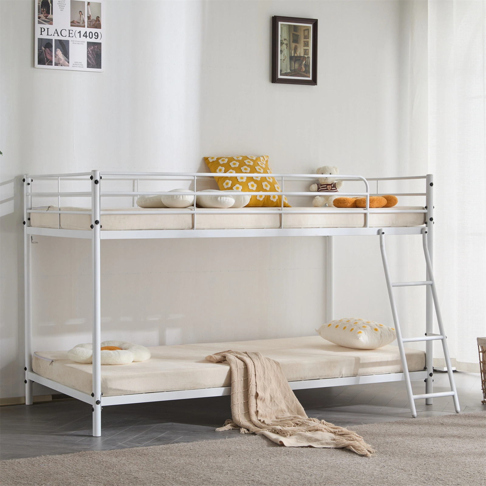 Twin Size Metal Bunk Bed for Kids Teens Adults, Heavy Duty Metal Bunk Bed with Ladder & Full-Length Guard Rail, White view 11