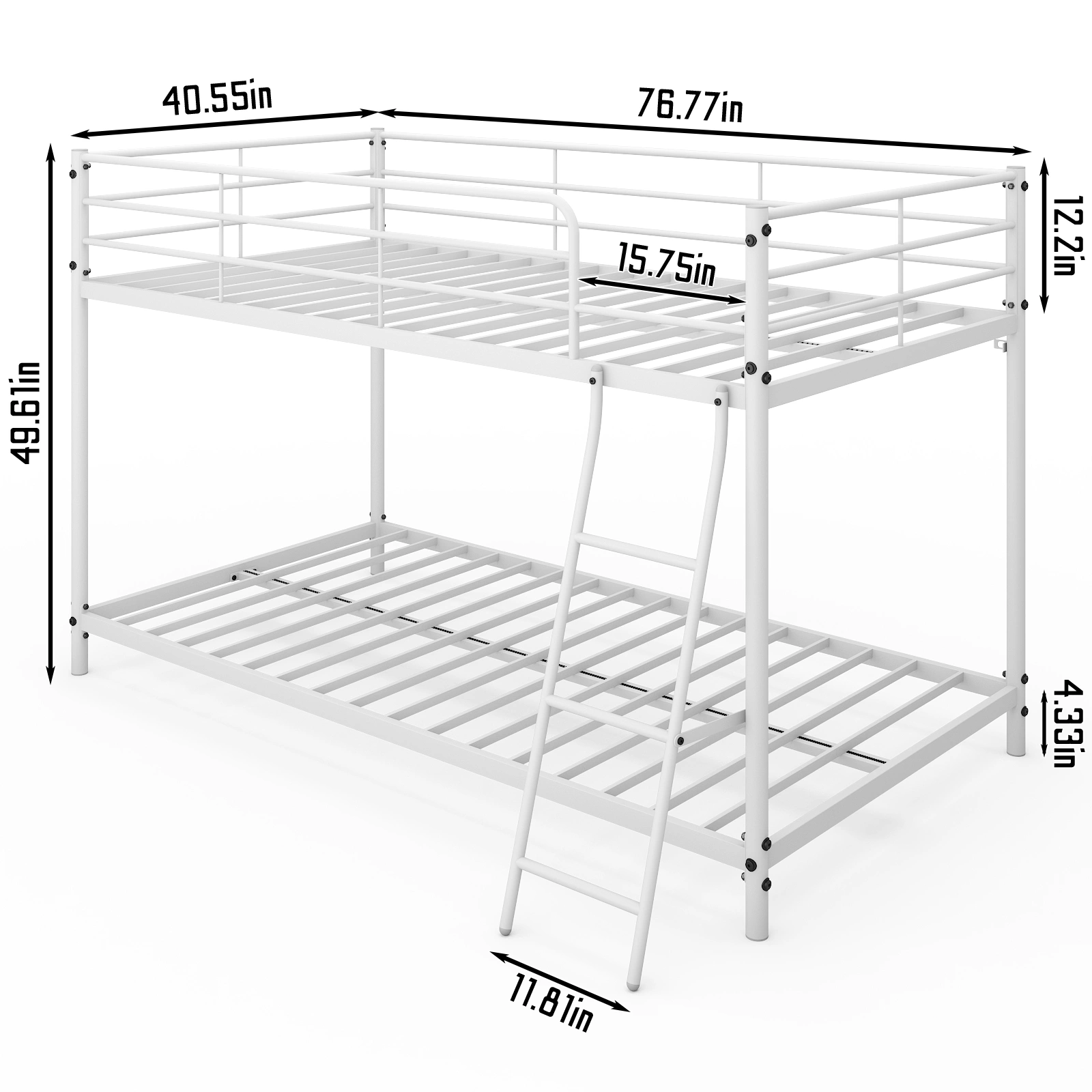 Twin Size Metal Bunk Bed for Kids Teens Adults, Heavy Duty Metal Bunk Bed with Ladder & Full-Length Guard Rail, White view 13