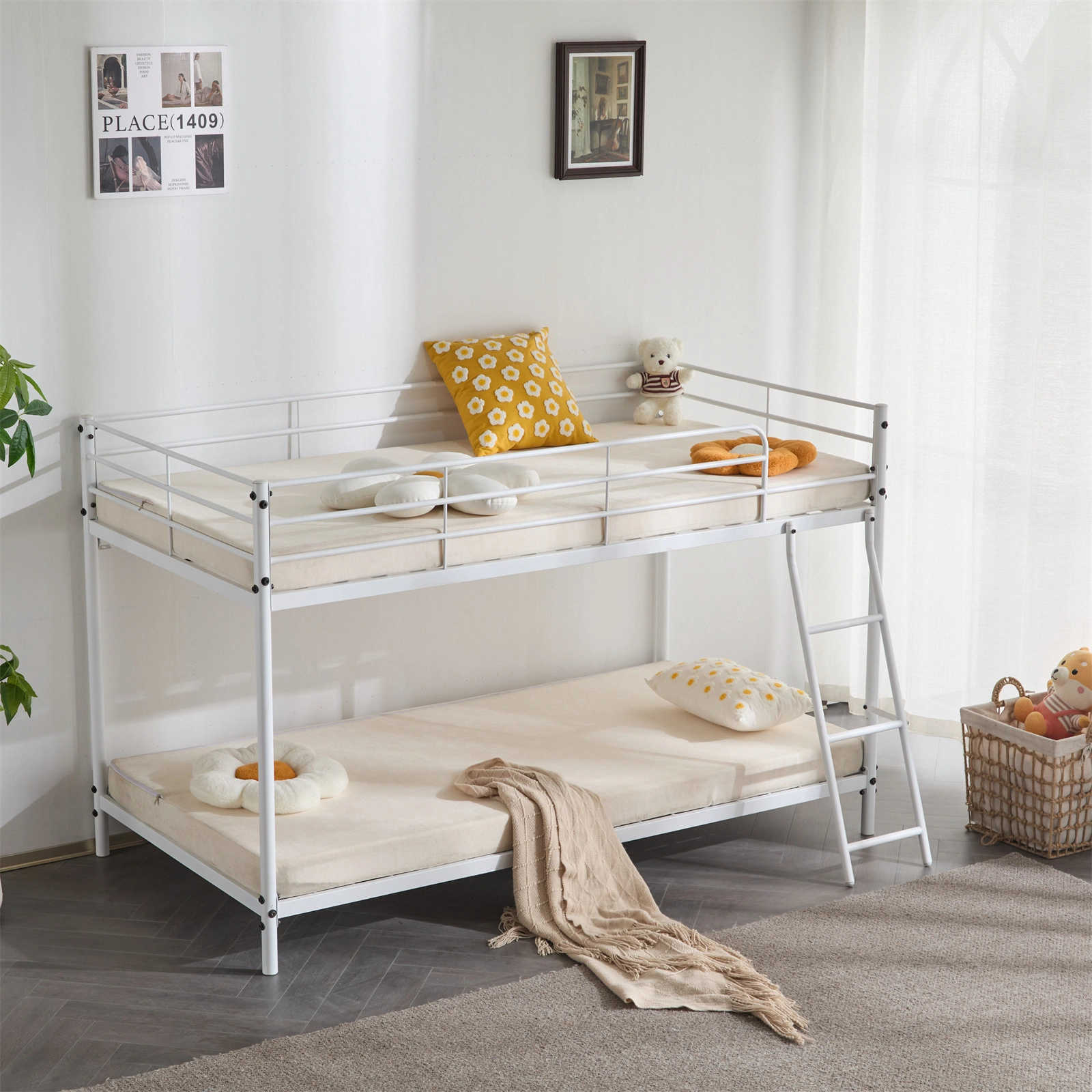 Twin Size Metal Bunk Bed for Kids Teens Adults, Heavy Duty Metal Bunk Bed with Ladder & Full-Length Guard Rail, White view 15