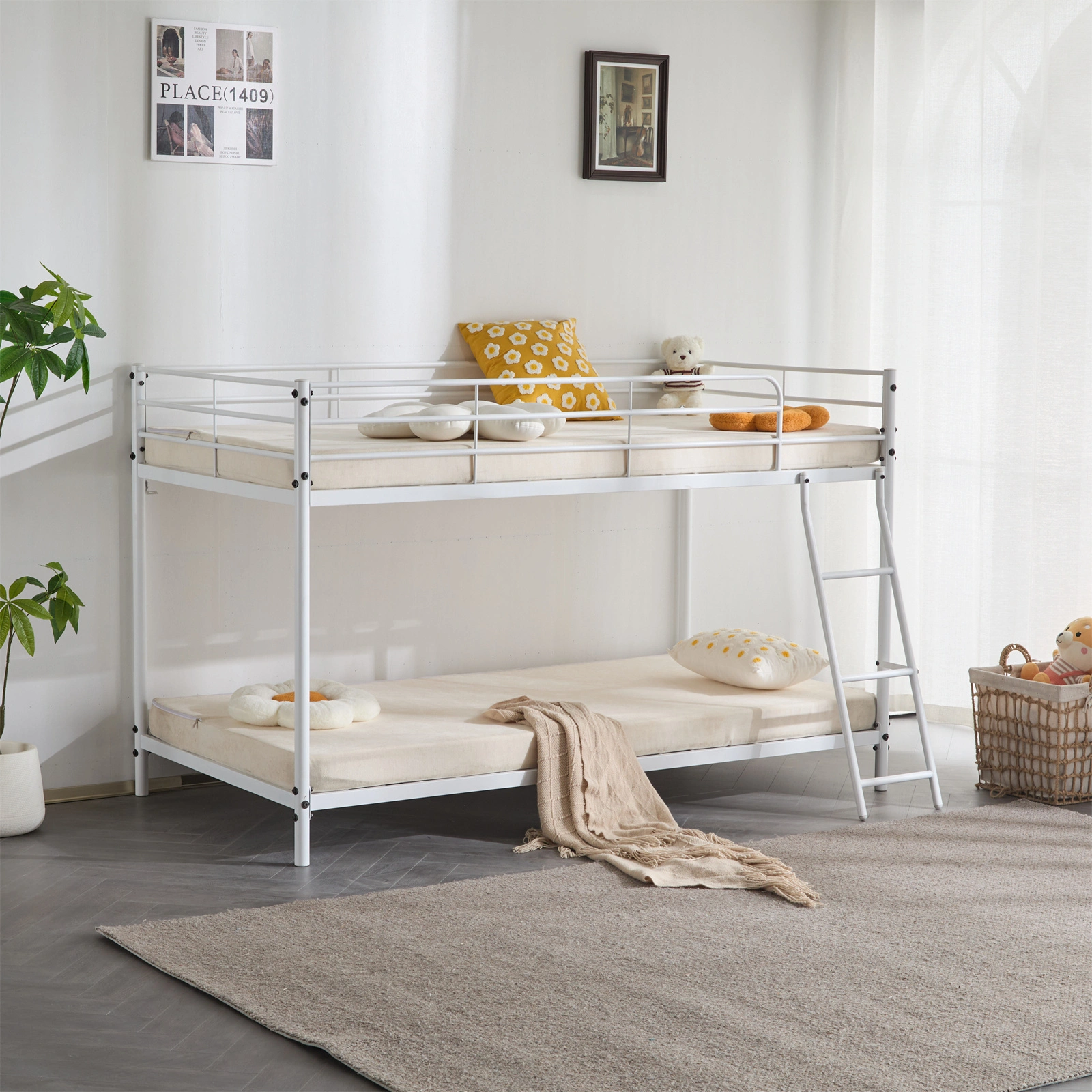 Twin Size Metal Bunk Bed for Kids Teens Adults, Heavy Duty Metal Bunk Bed with Ladder & Full-Length Guard Rail, White view 16