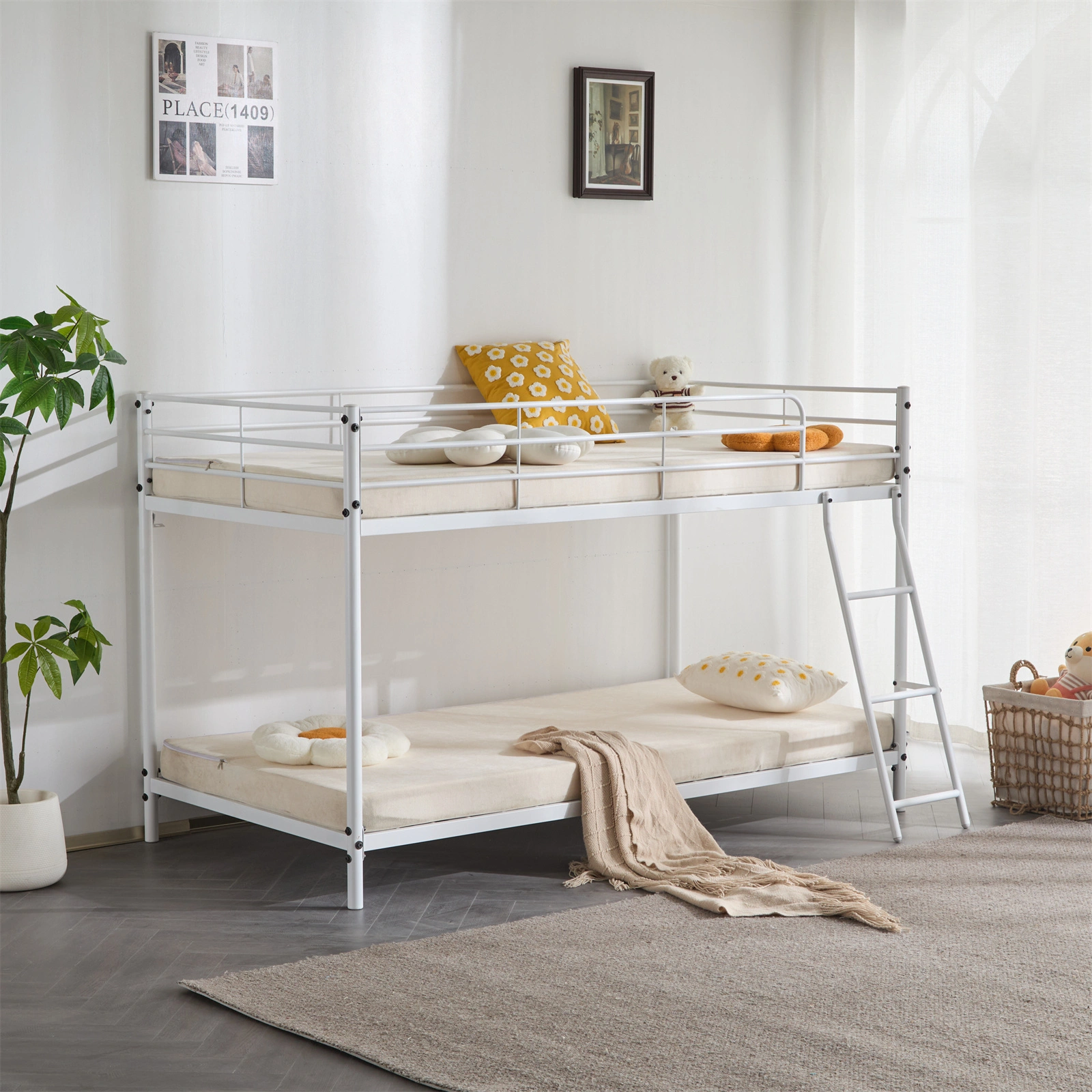 Twin Size Metal Bunk Bed for Kids Teens Adults, Heavy Duty Metal Bunk Bed with Ladder & Full-Length Guard Rail, White view 2