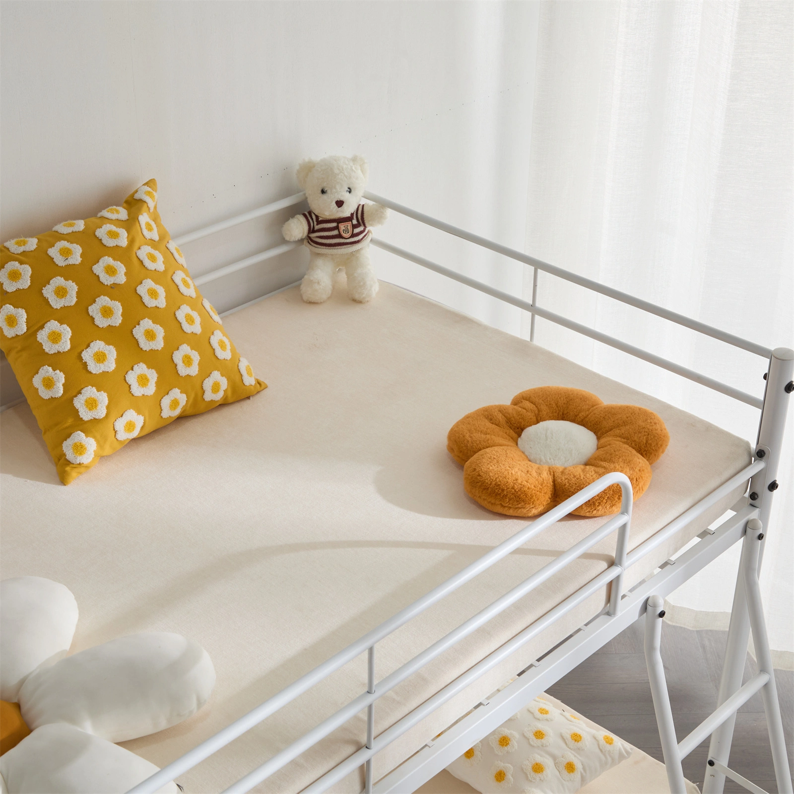 Twin Size Metal Bunk Bed for Kids Teens Adults, Heavy Duty Metal Bunk Bed with Ladder & Full-Length Guard Rail, White view 7