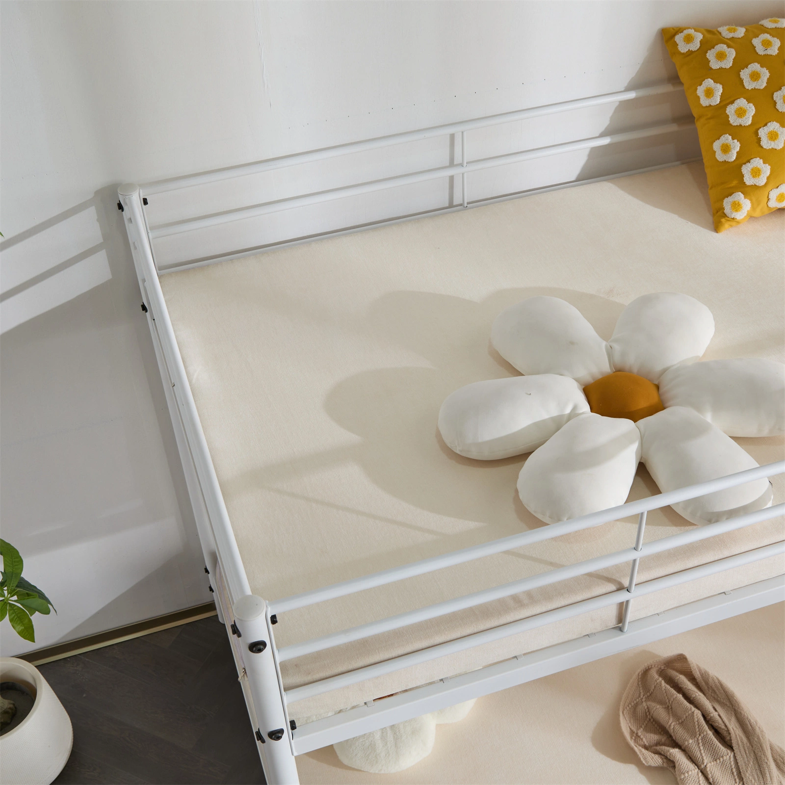 Twin Size Metal Bunk Bed for Kids Teens Adults, Heavy Duty Metal Bunk Bed with Ladder & Full-Length Guard Rail, White view 8